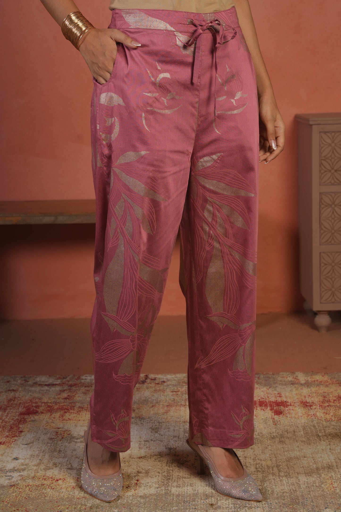 Chanderi Gold foil Pink Straight Trousers