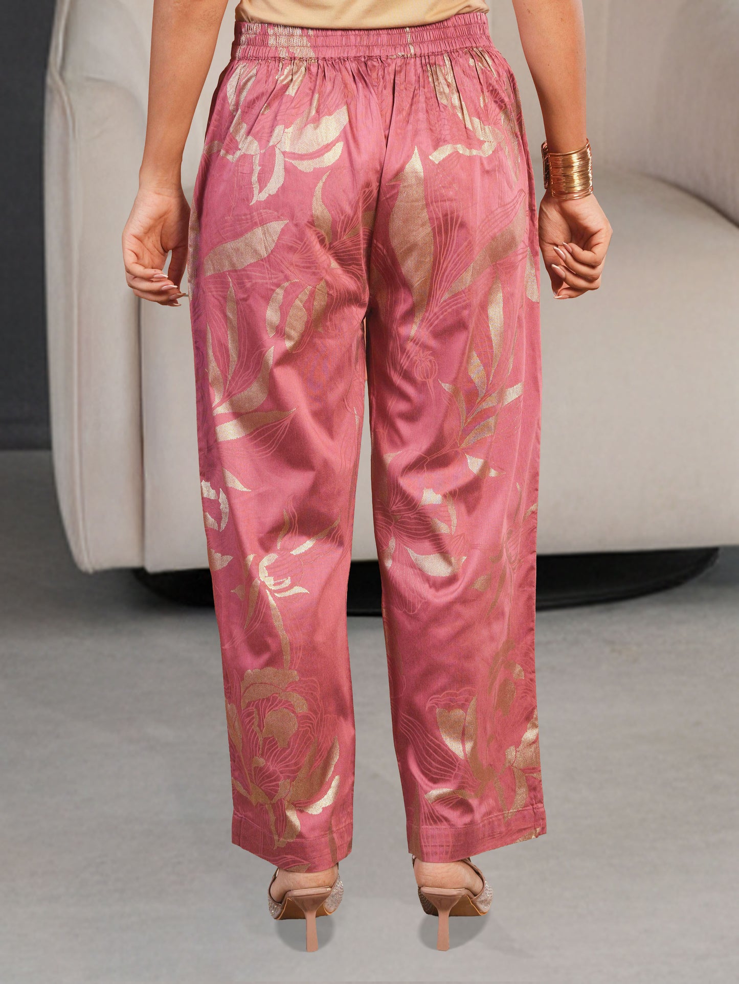 Chanderi Gold foil A-line Pink Kurta