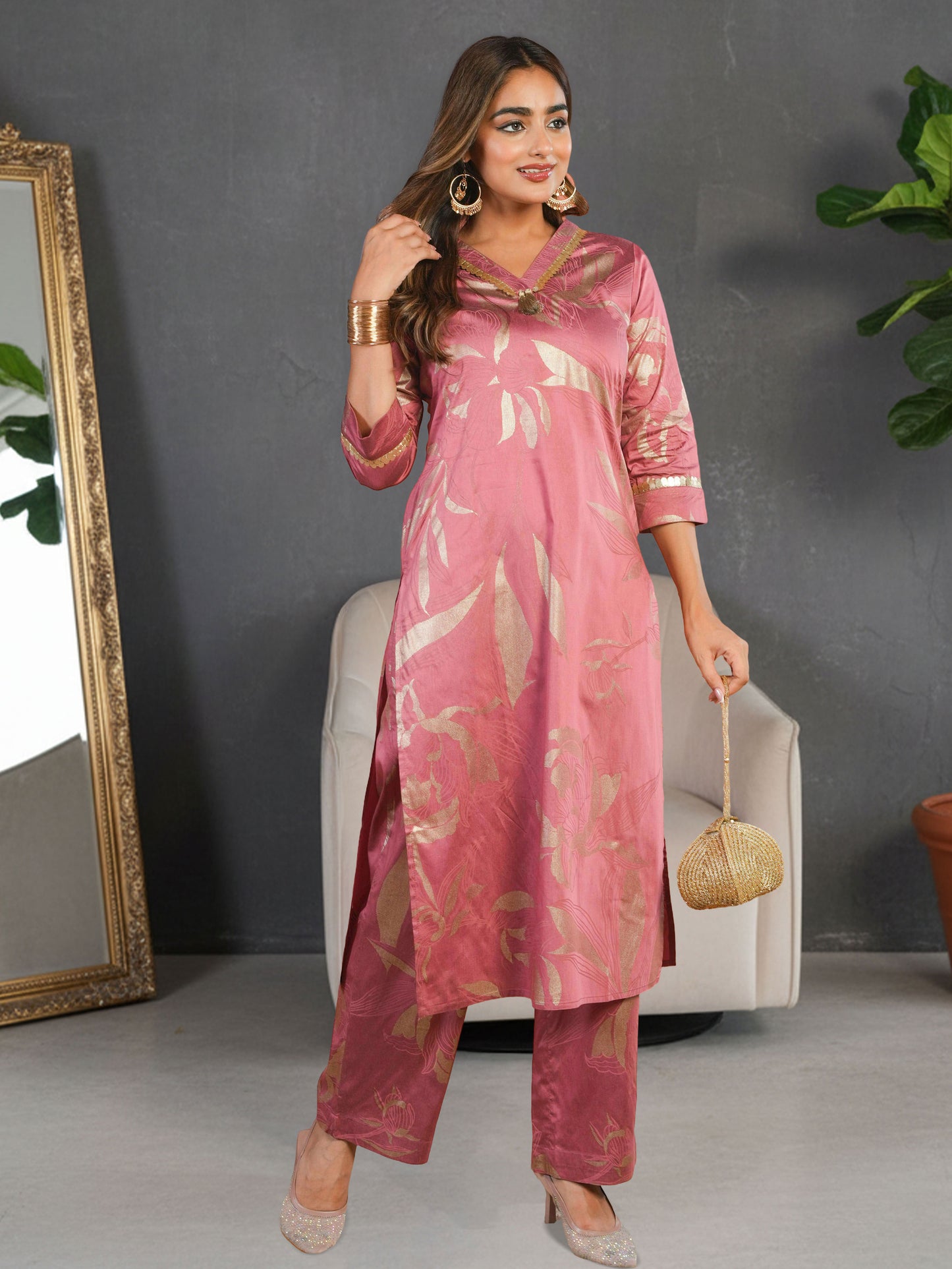 Chanderi Gold foil A-line Pink Kurta