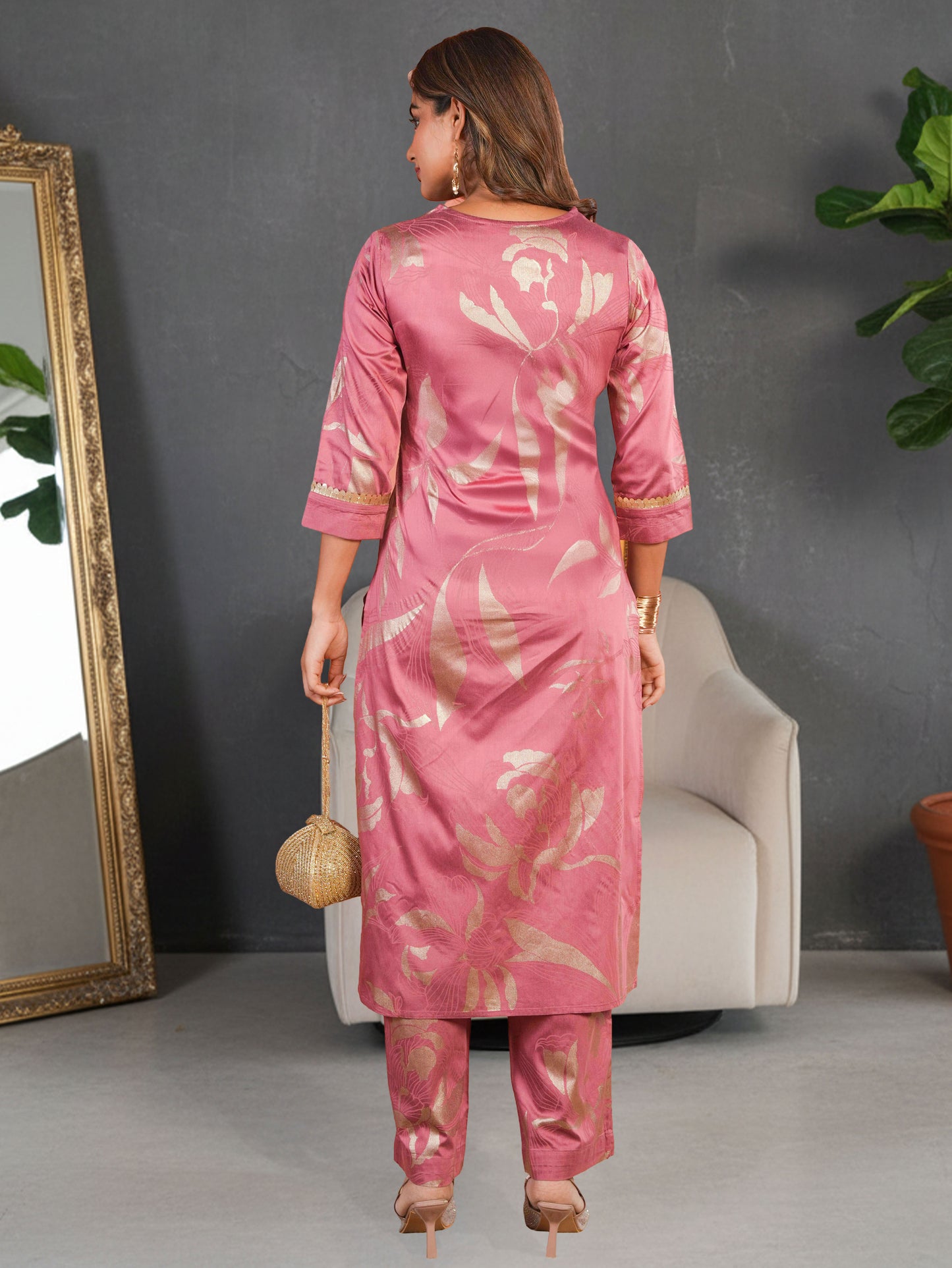 Chanderi Gold foil A-line Pink Kurta