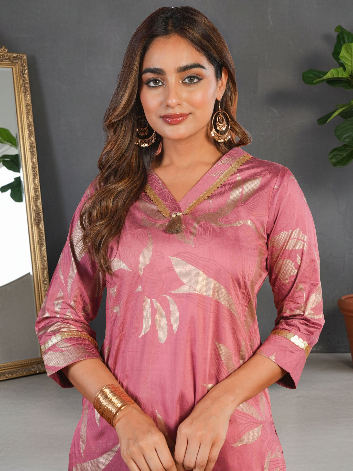 Chanderi Gold foil A-line Pink Kurta