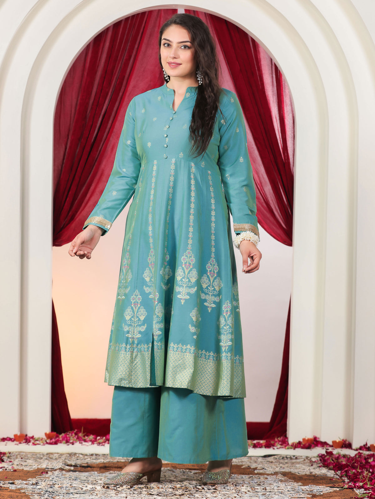 Chanderi Gold foil High Low Turquoise Kurta
