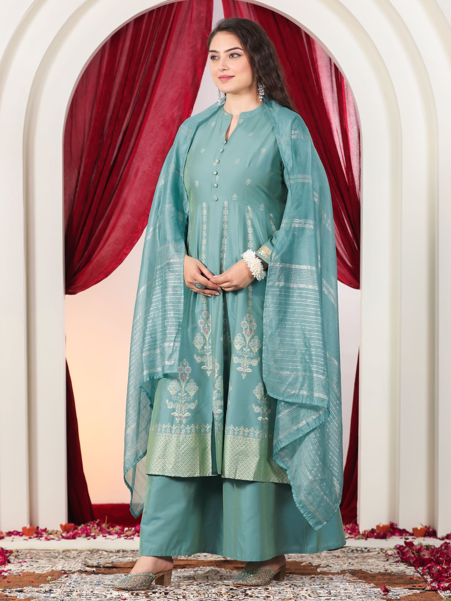 Chanderi Gold foil High Low Turquoise Kurta