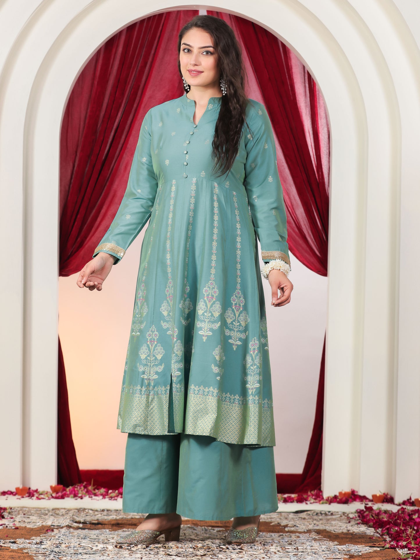Chanderi Gold foil High Low Turquoise Kurta