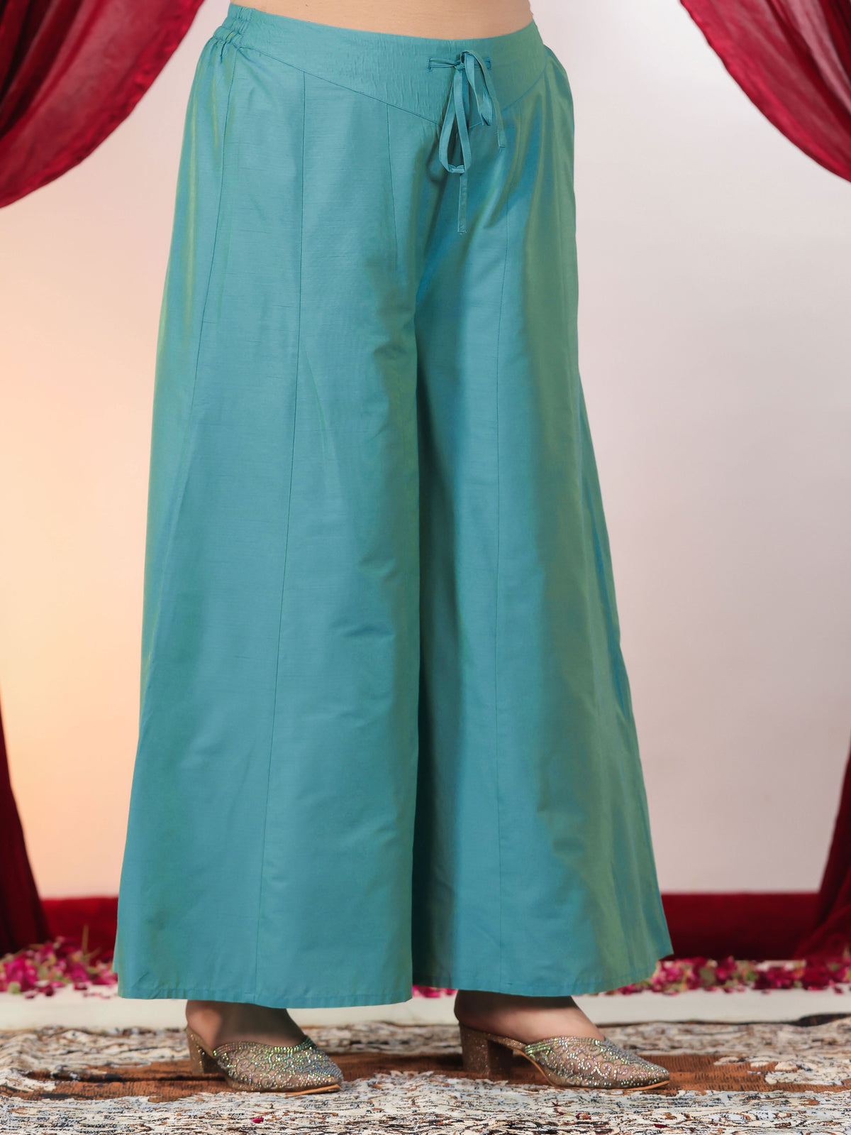 Chanderi Gold foil High Low Turquoise Kurta