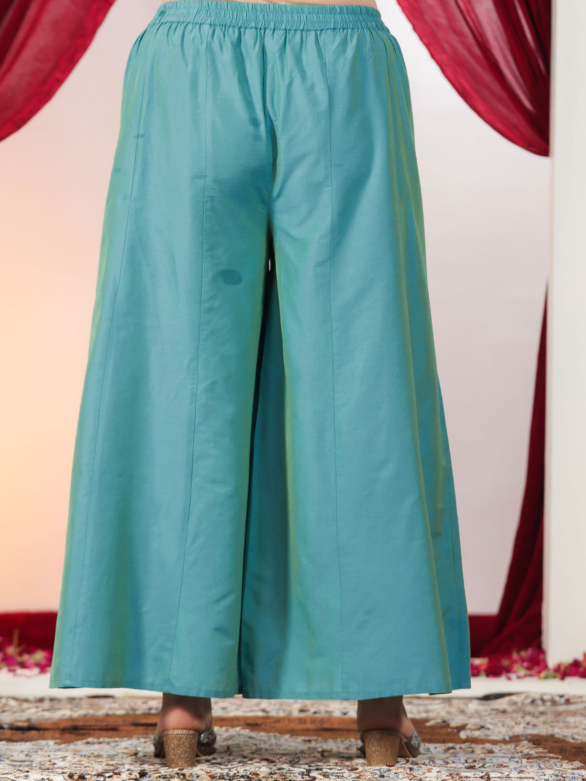 Chanderi Gold foil High Low Turquoise Kurta