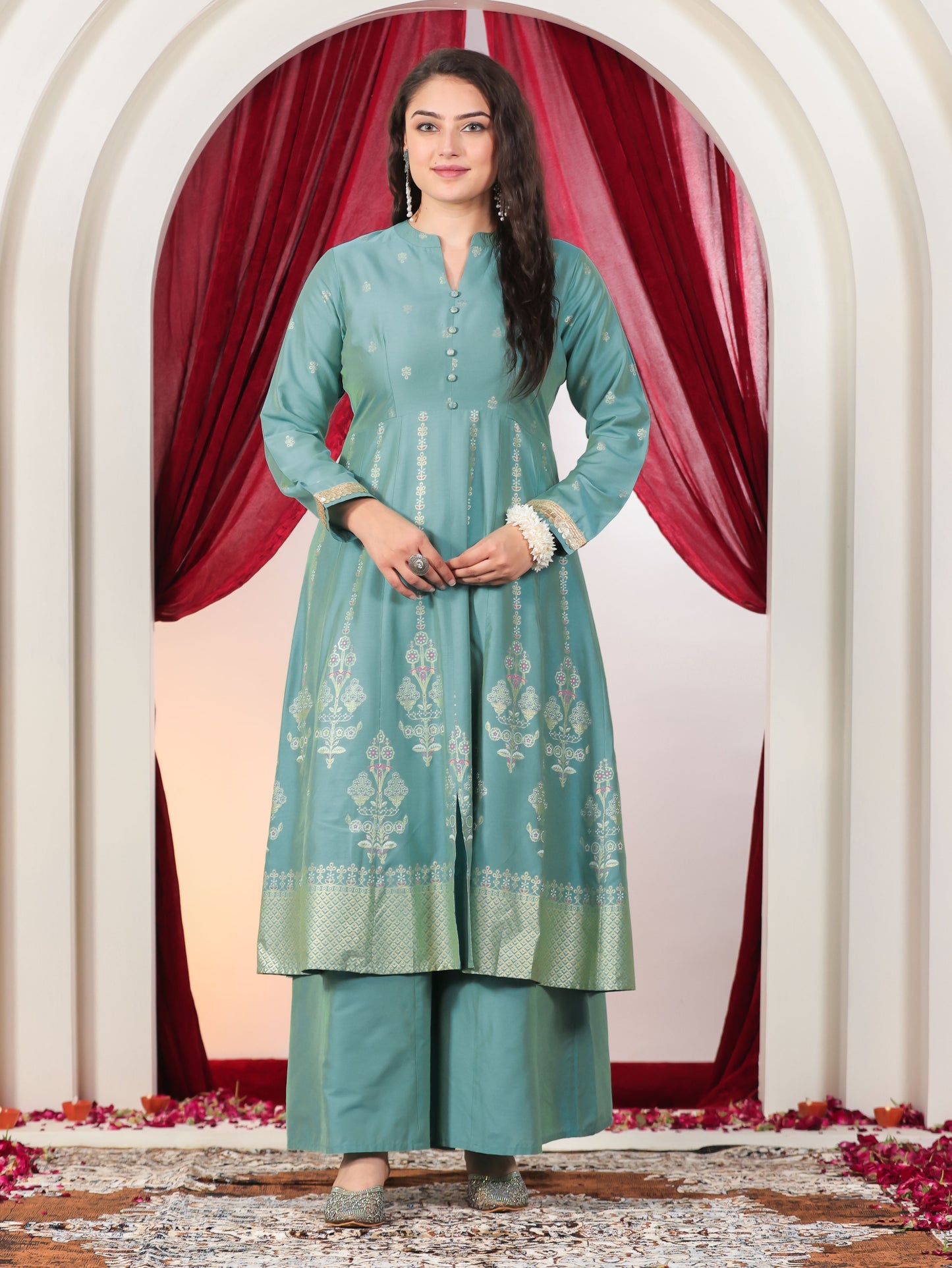 Chanderi Gold foil High Low Turquoise Kurta
