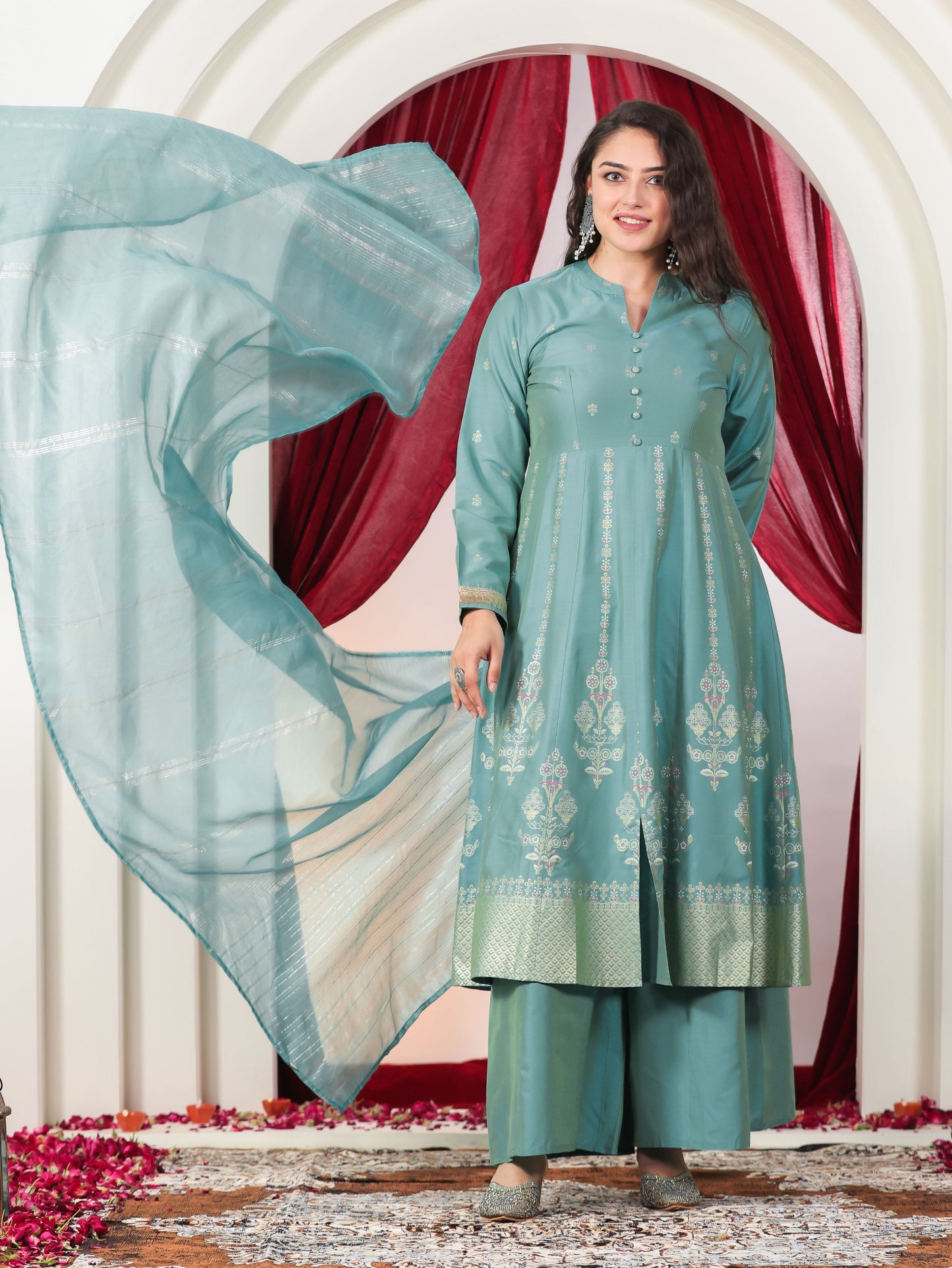 Chanderi Gold foil High Low Turquoise Kurta