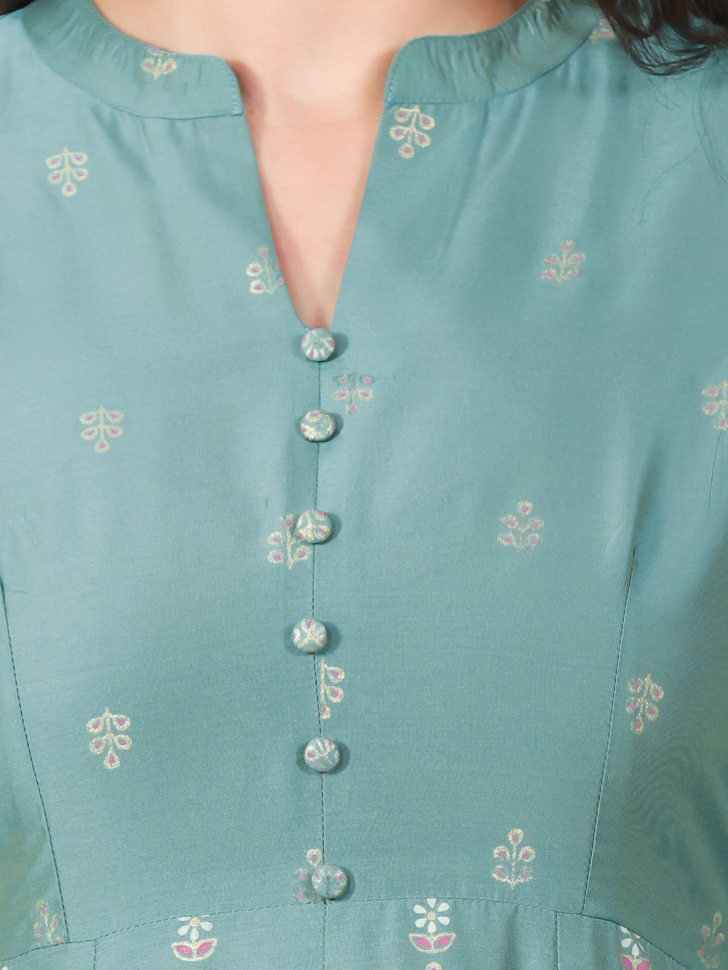 Chanderi Gold foil High Low Turquoise Kurta