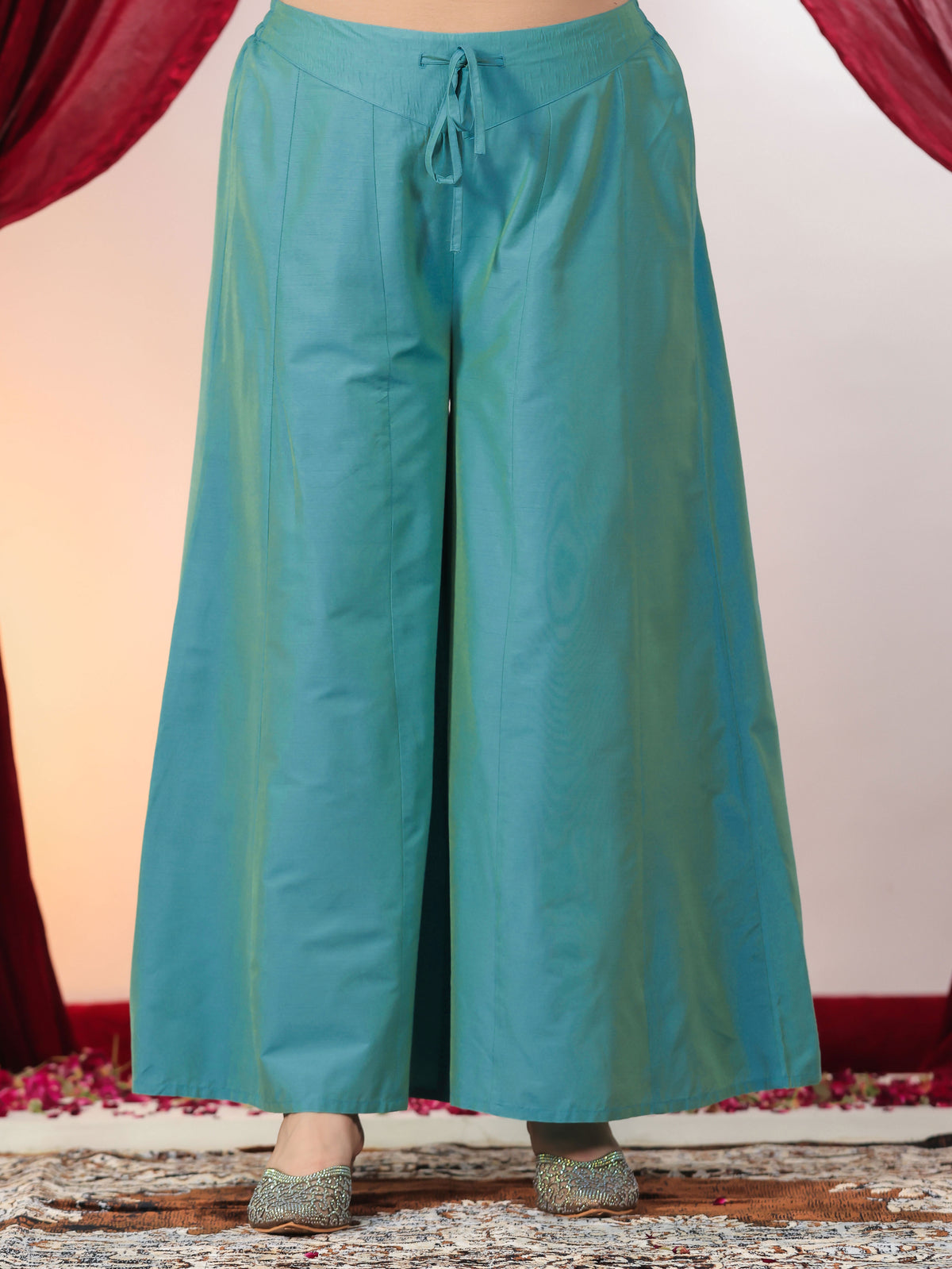 Chanderi Gold foil High Low Turquoise Kurta