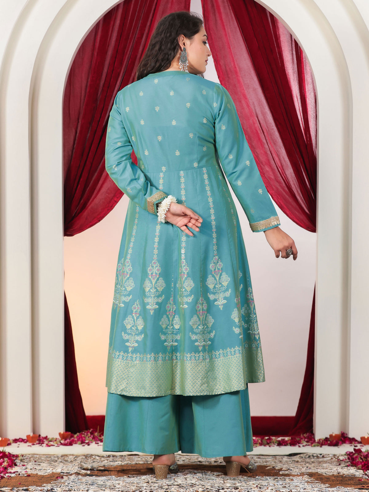 Chanderi Gold foil High Low Turquoise Kurta