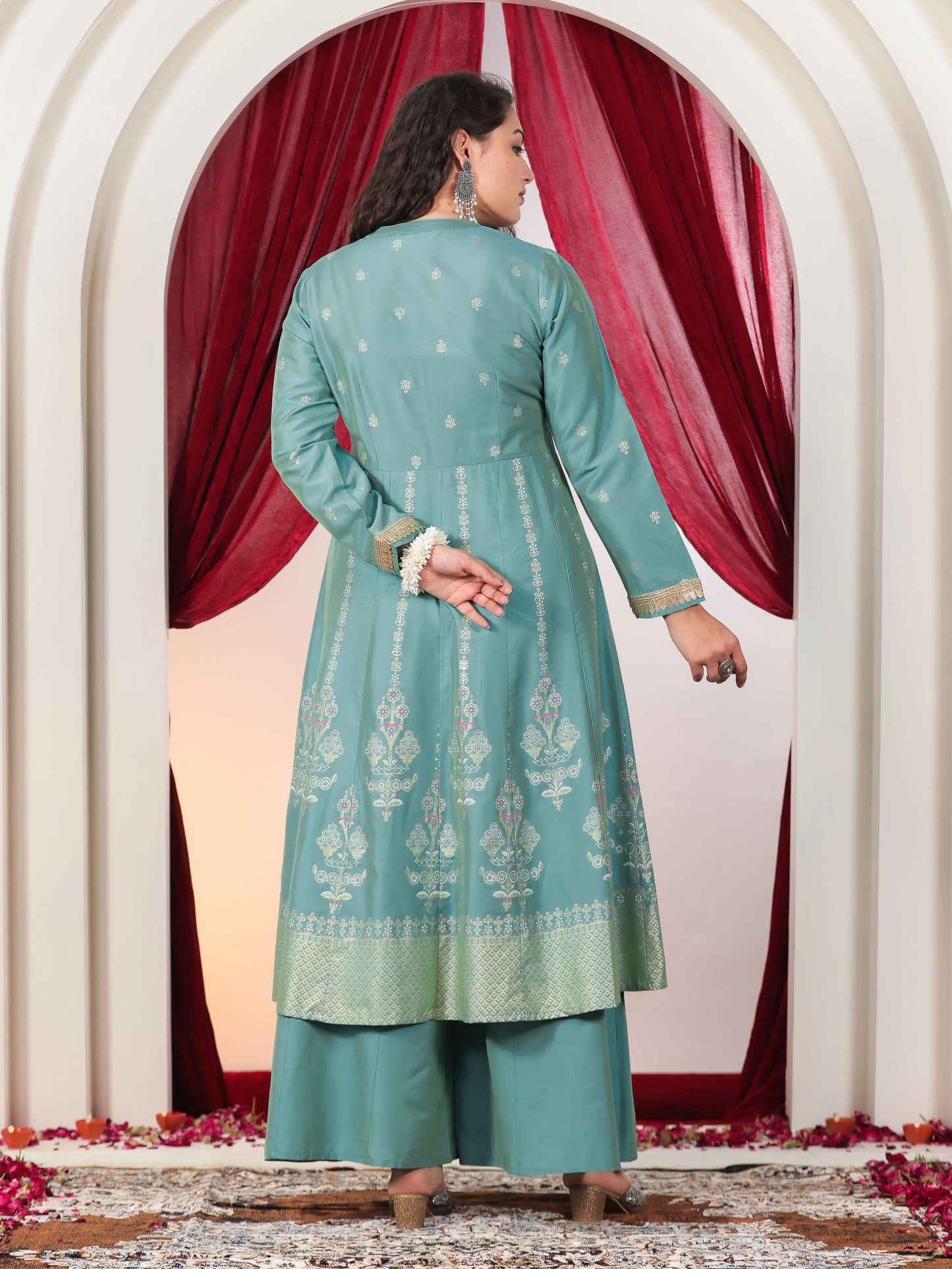 Chanderi Gold foil High Low Turquoise Kurta