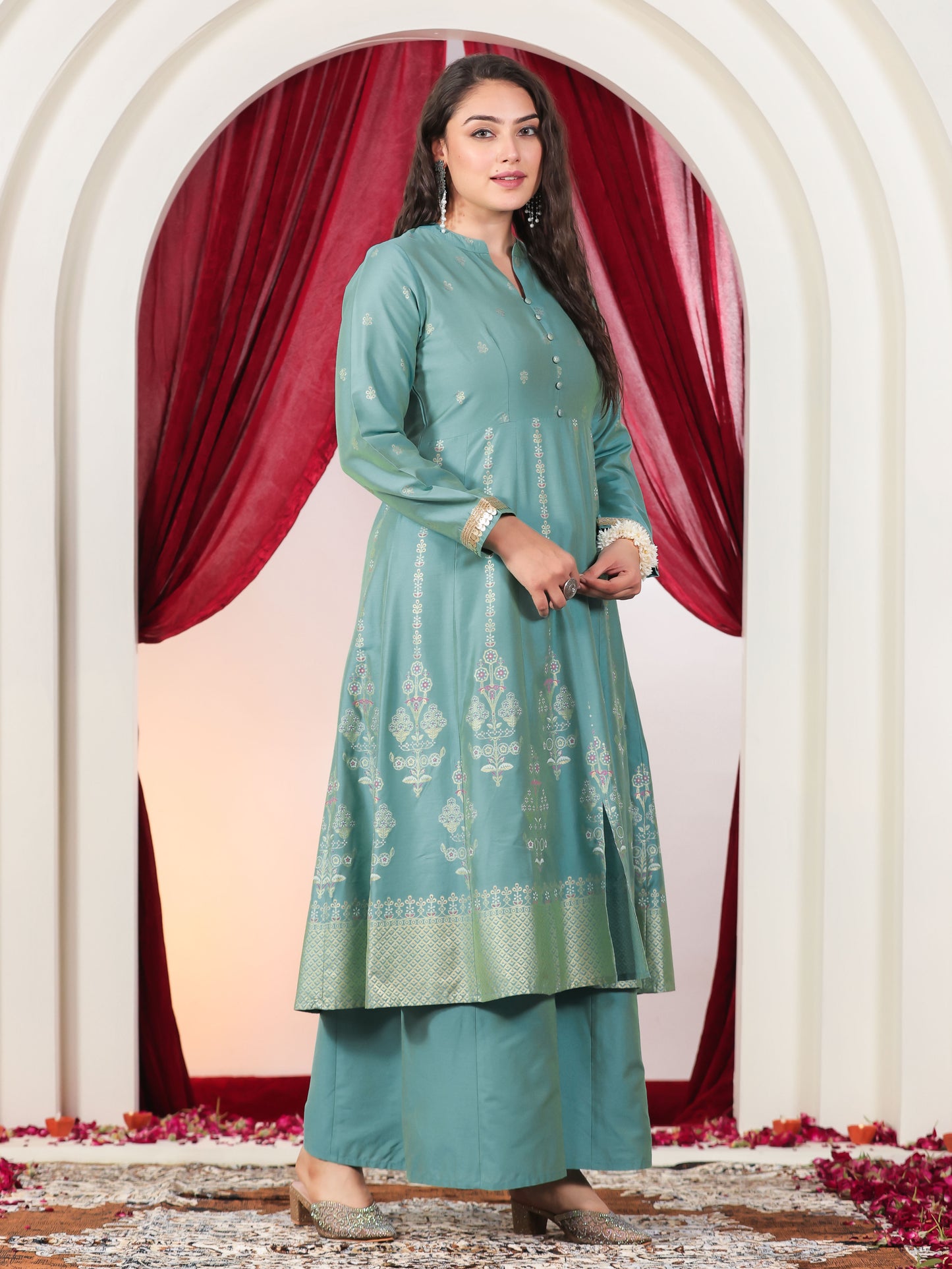 Chanderi Gold foil High Low Turquoise Kurta