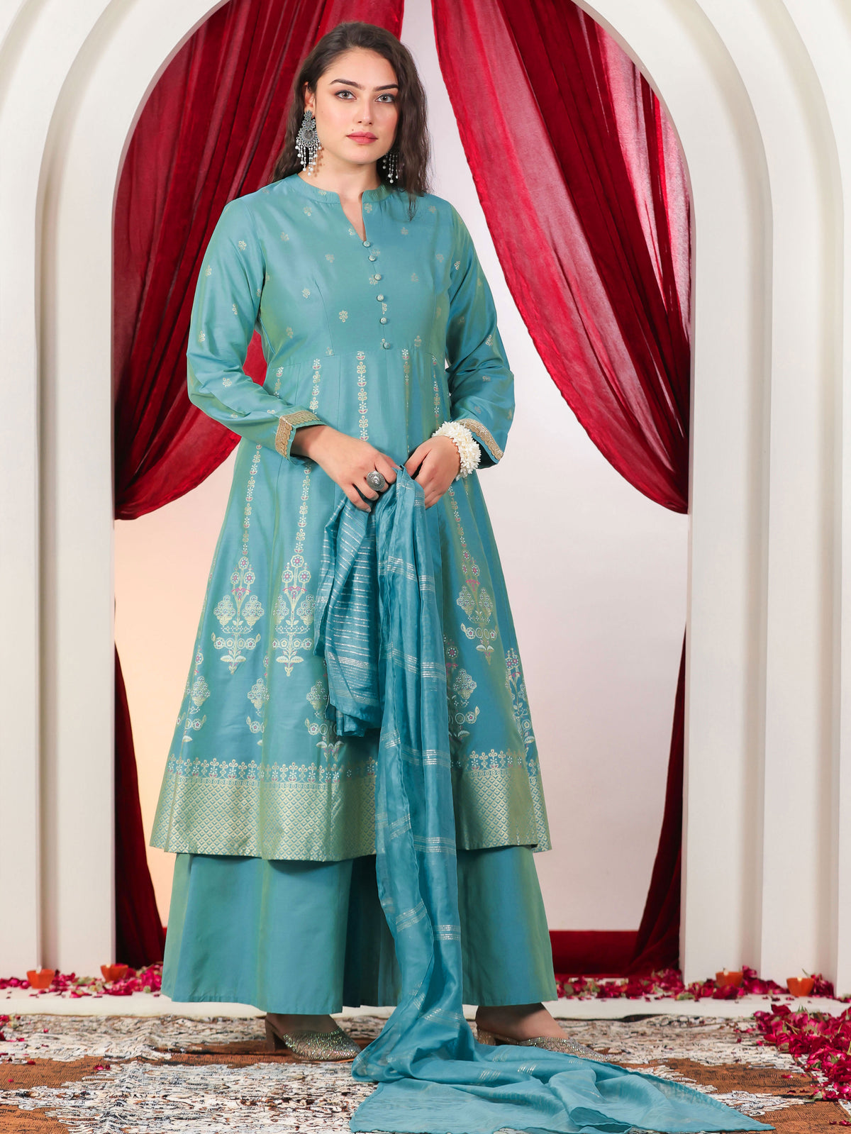 Chanderi Gold foil High Low Turquoise Kurta