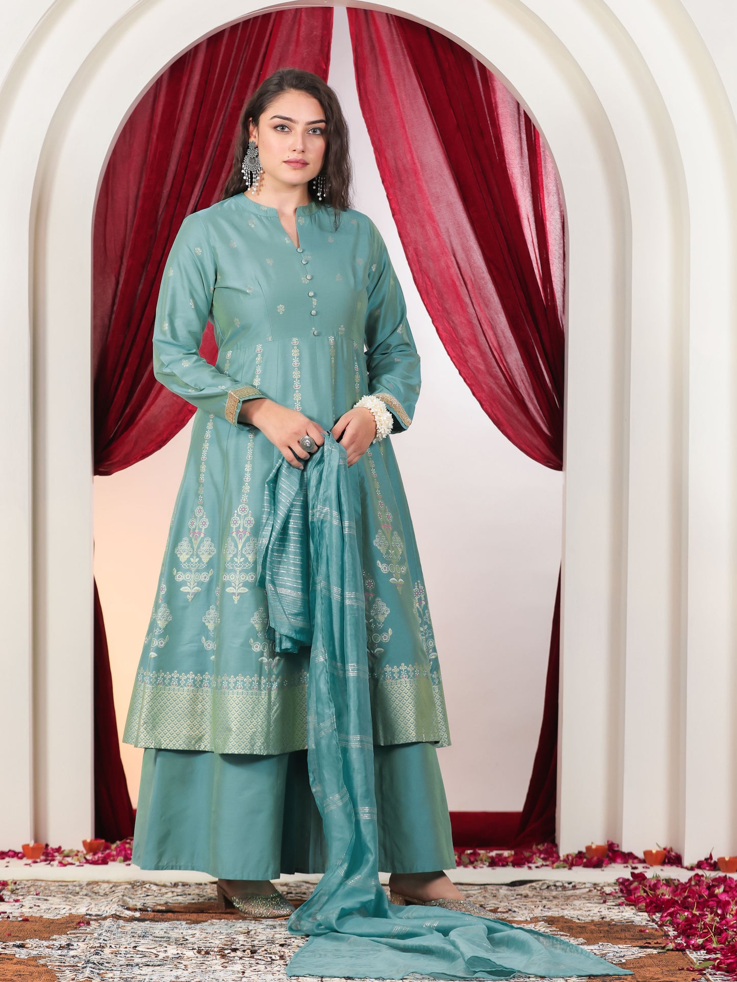 Chanderi Gold foil High Low Turquoise Kurta