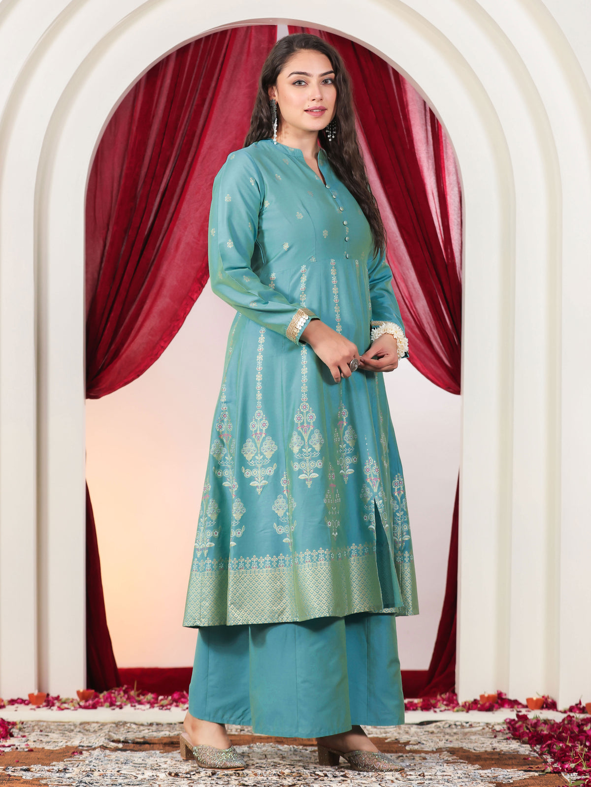 Chanderi Gold foil High Low Turquoise Kurta