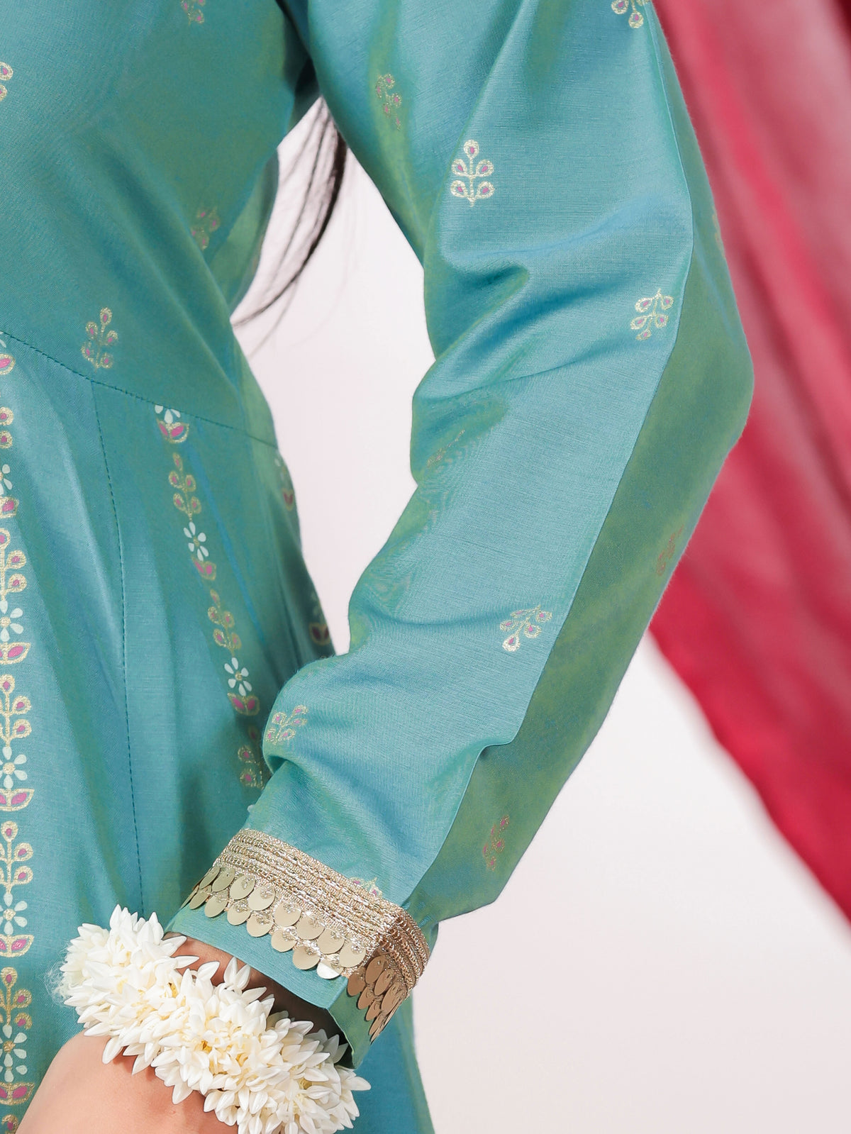 Chanderi Gold foil High Low Turquoise Kurta