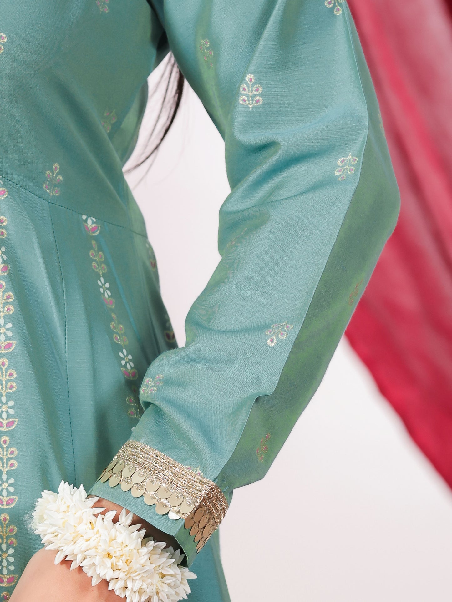 Chanderi Gold foil High Low Turquoise Kurta