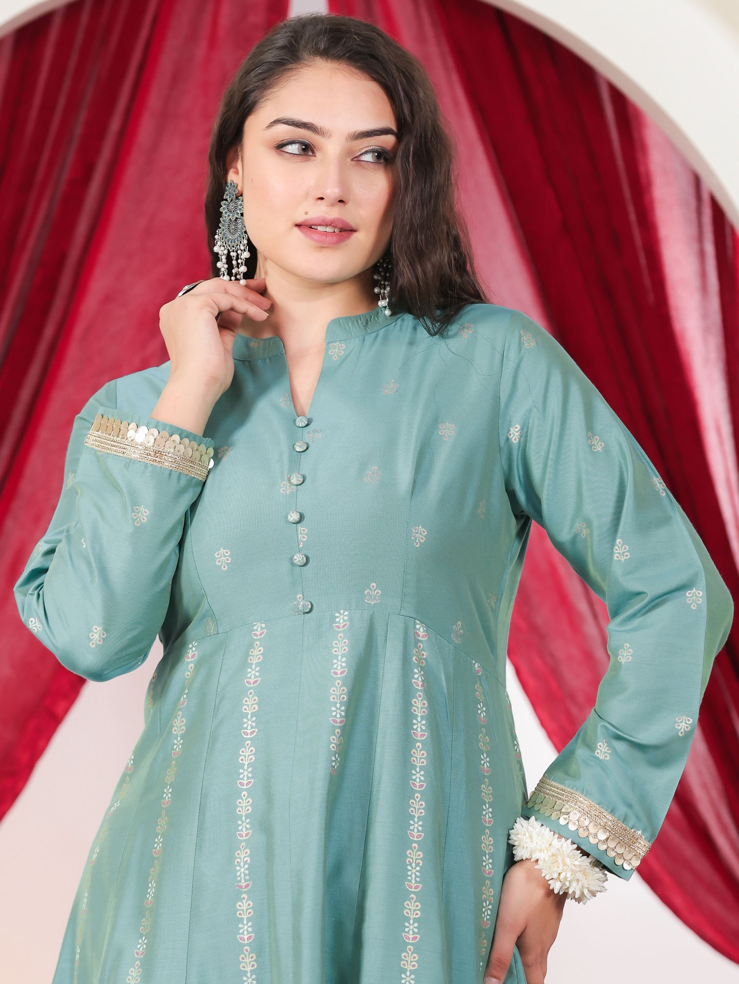 Chanderi Gold foil High Low Turquoise Kurta