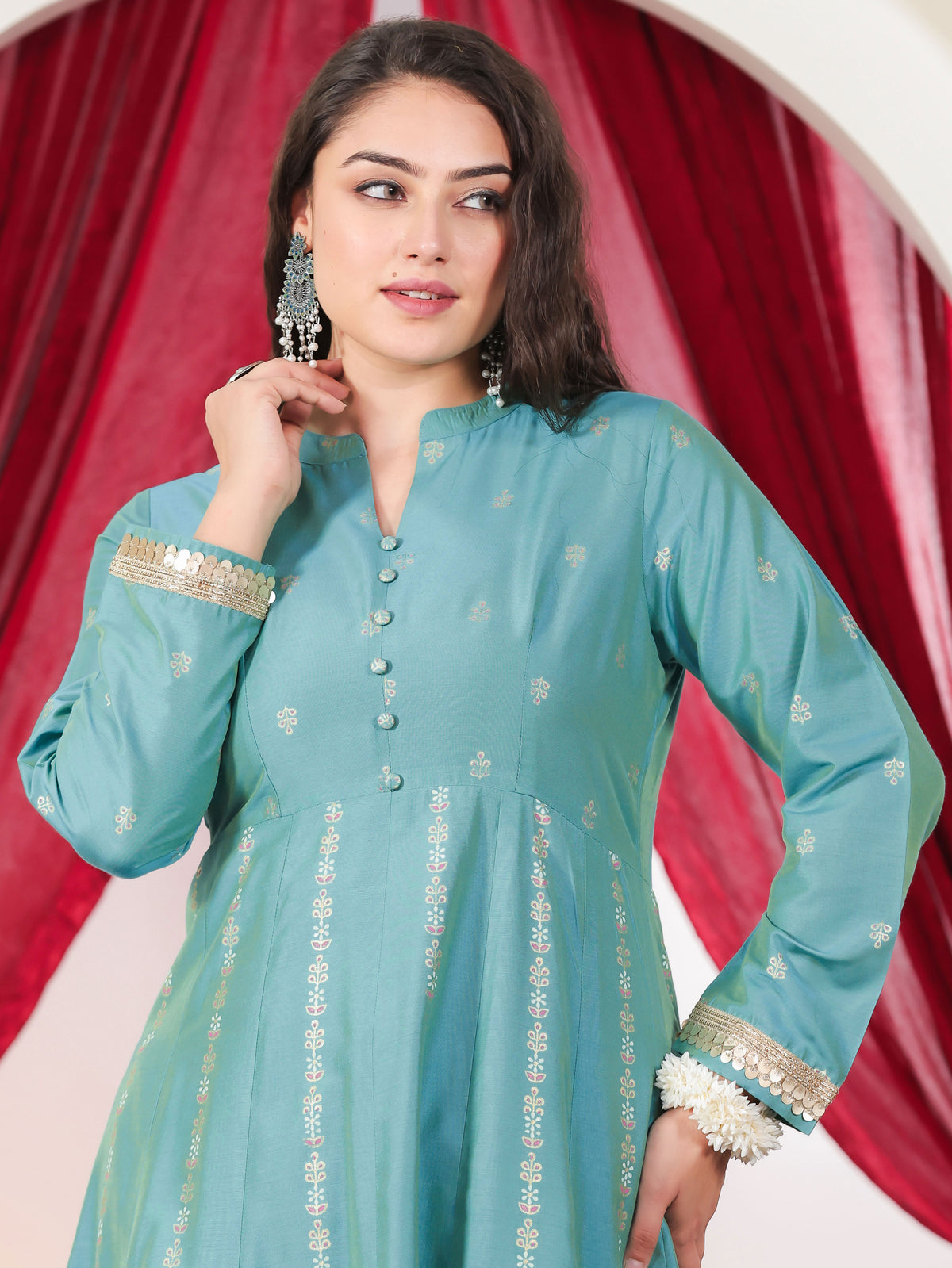 Chanderi Gold foil High Low Turquoise Kurta