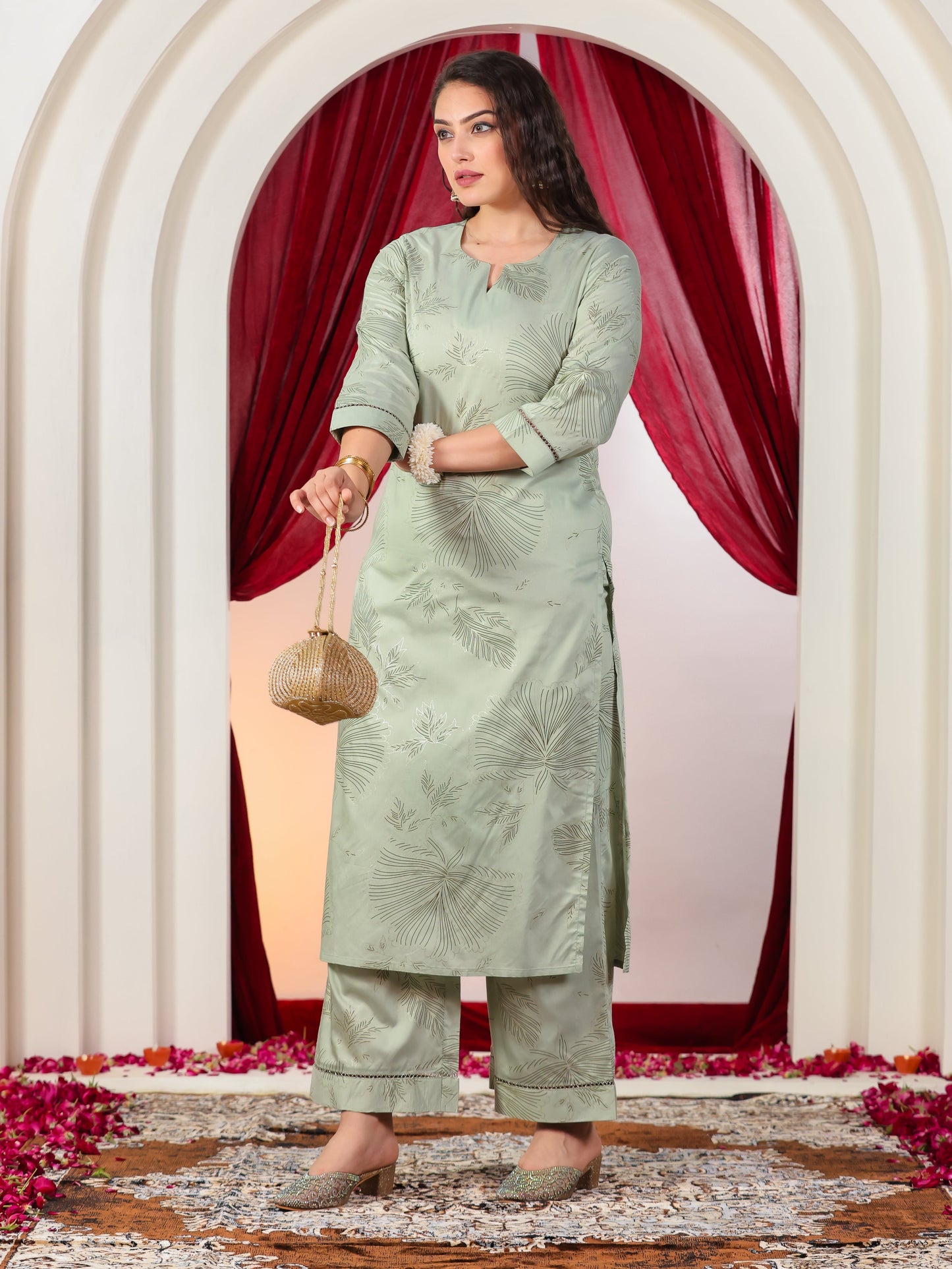 Poly Chanderi Gold foil A-line Mint Green Kurta