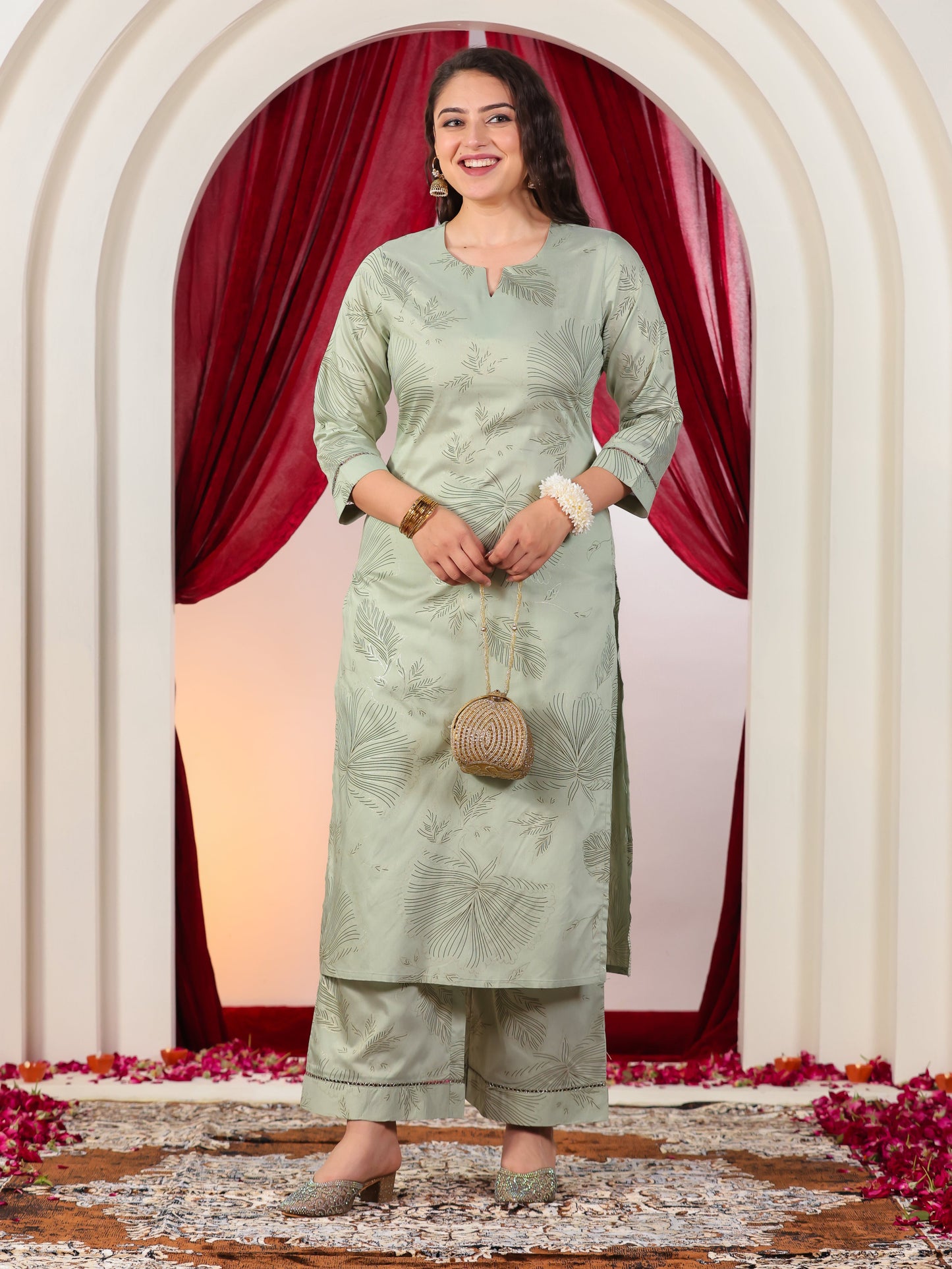 Poly Chanderi Gold foil A-line Mint Green Kurta