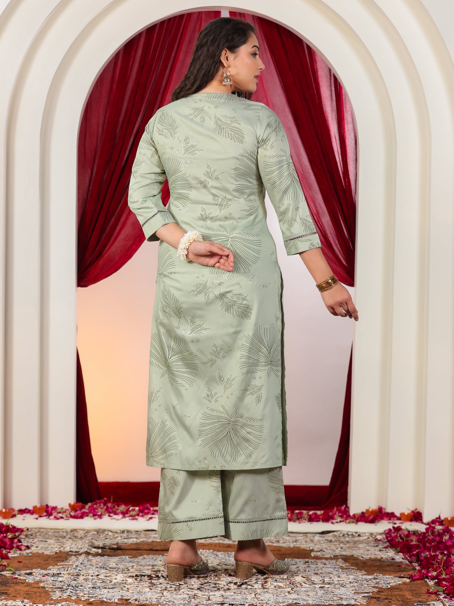 Poly Chanderi Gold foil A-line Mint Green Kurta