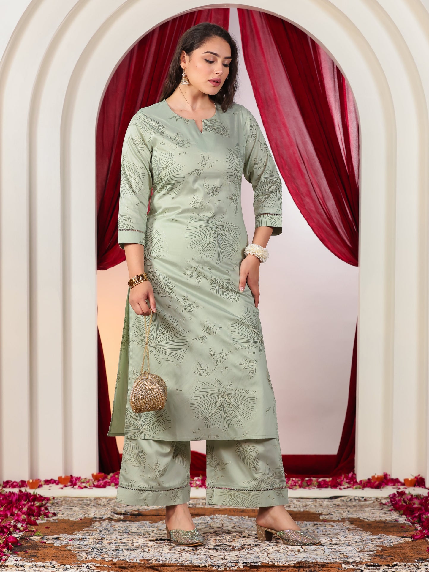 Poly Chanderi Gold foil A-line Mint Green Kurta