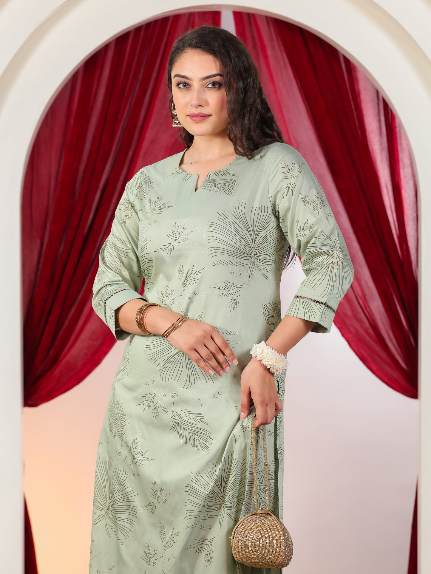 Poly Chanderi Gold foil A-line Mint Green Kurta
