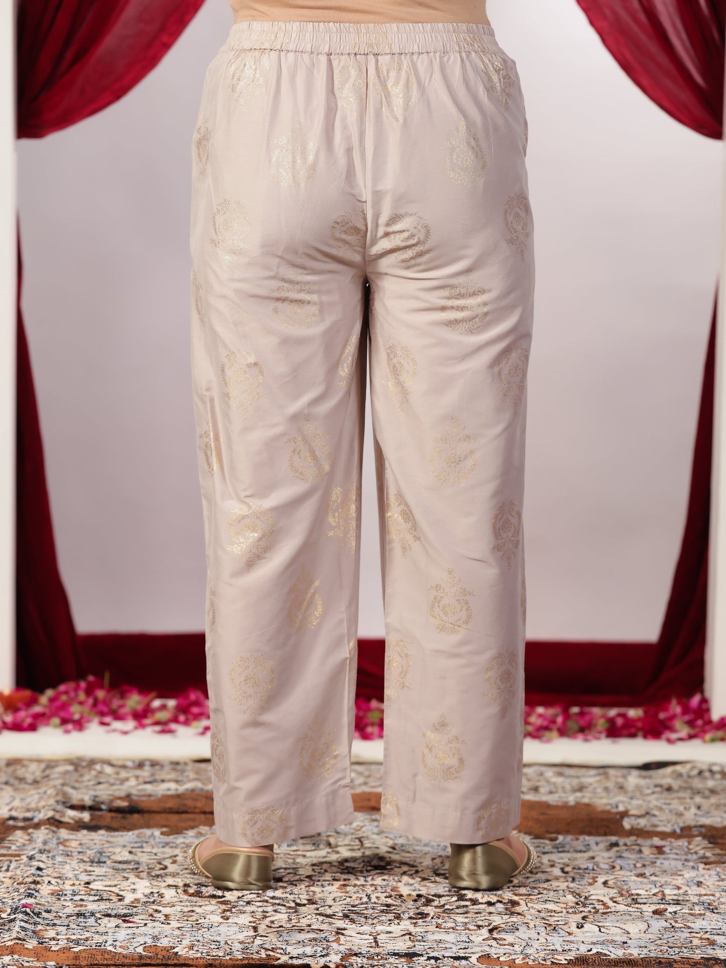 Chanderi Gold foil Straight Beige Kurta