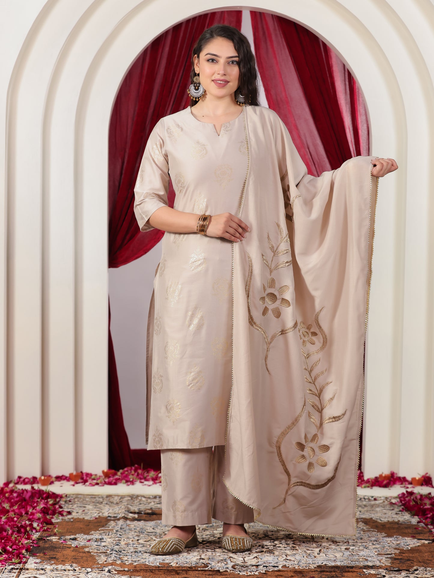 Chanderi Gold foil Straight Beige Kurta