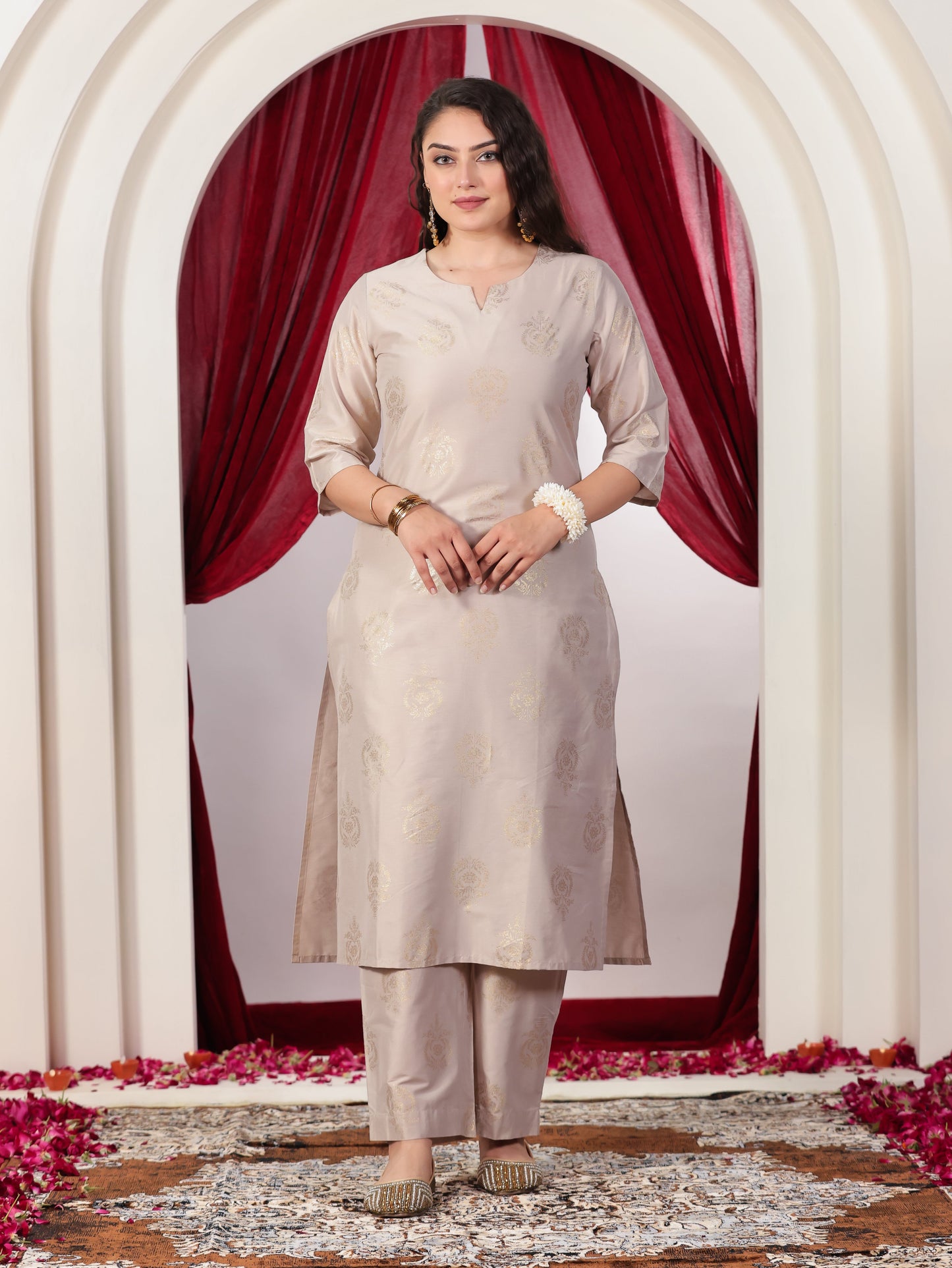 Chanderi Gold foil Straight Beige Kurta
