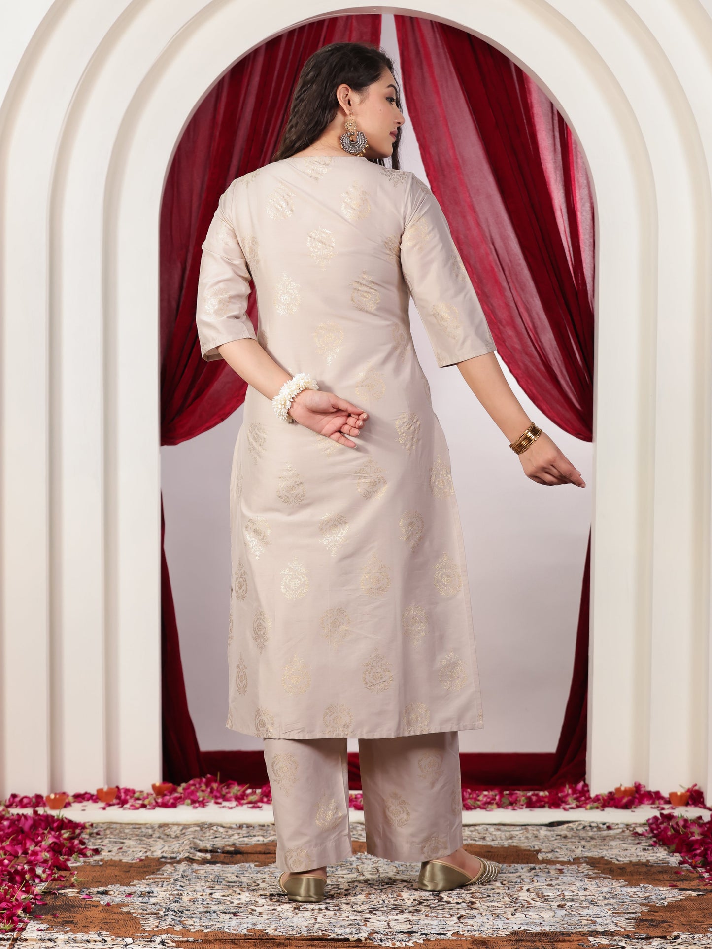 Chanderi Gold foil Straight Beige Kurta