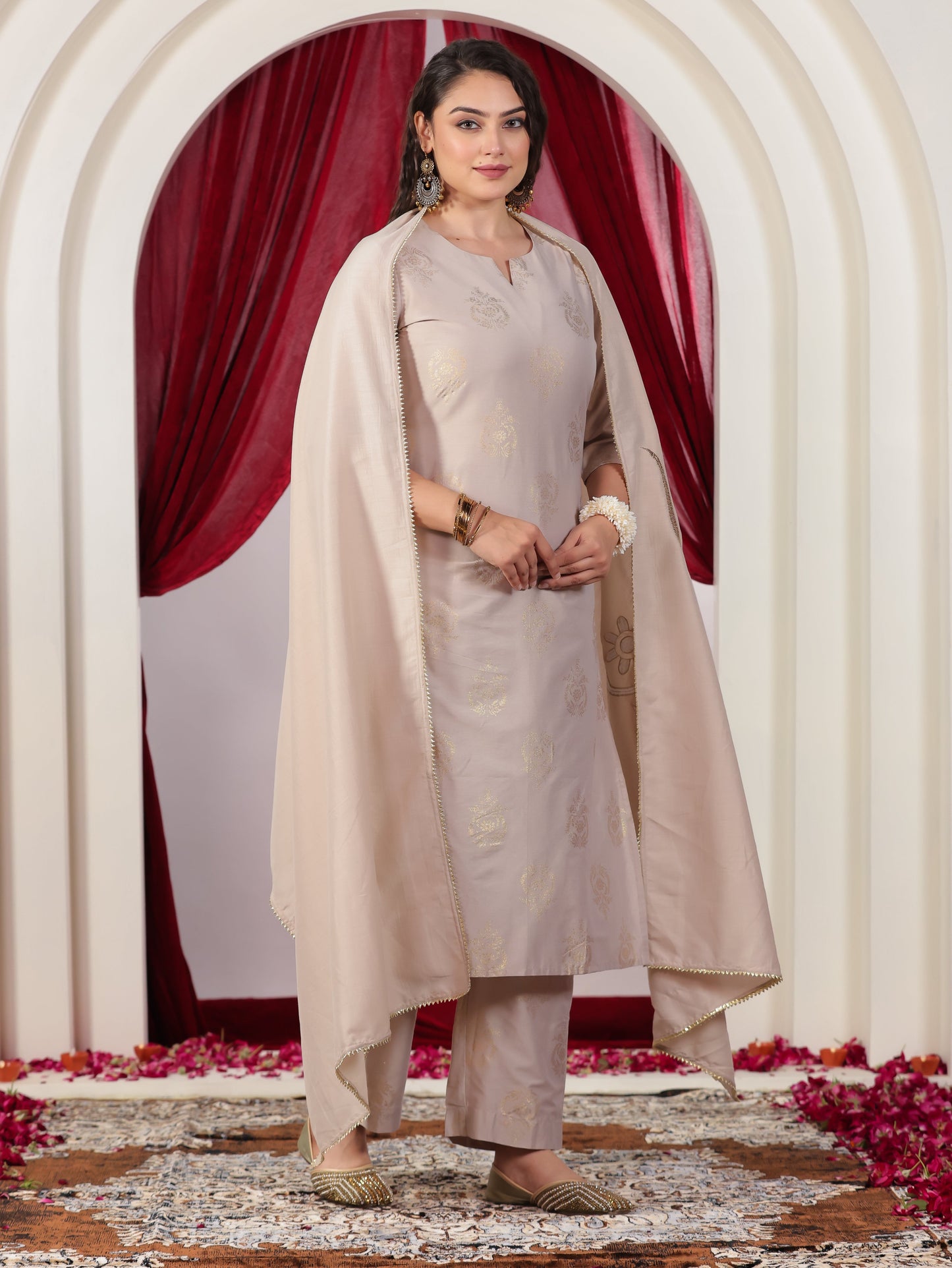 Chanderi Gold foil Straight Beige Kurta