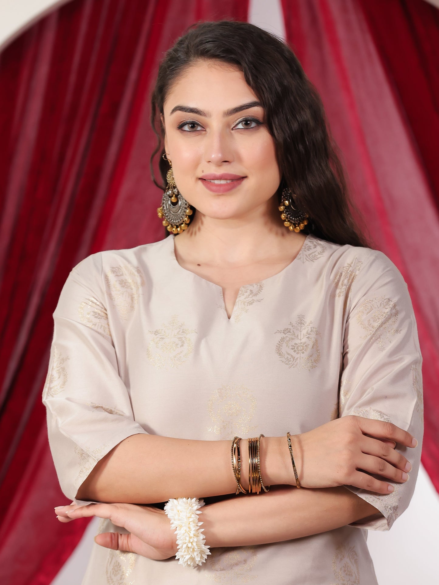 Chanderi Gold foil Straight Beige Kurta