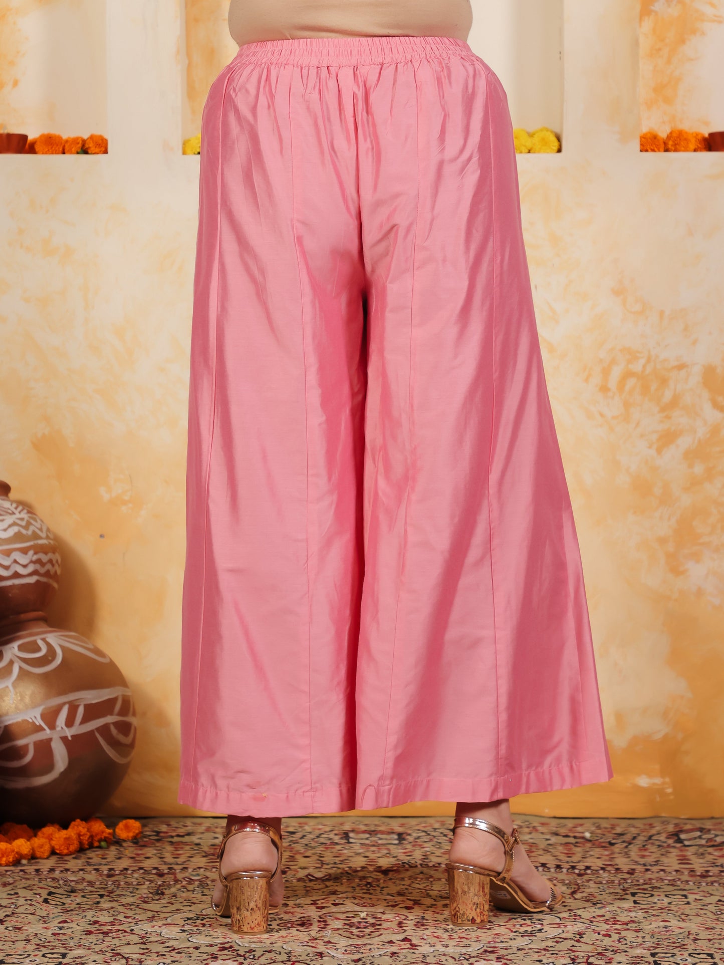 Chanderi Solid Pink Straight Trousers