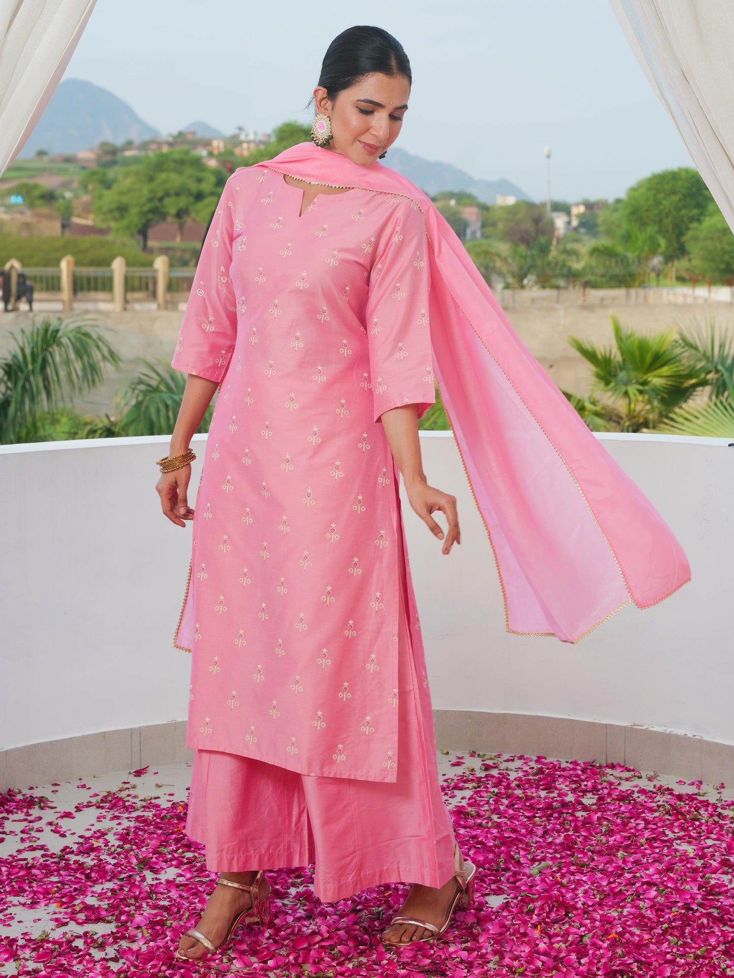 Chanderi Gold foil Straight Pink Kurta