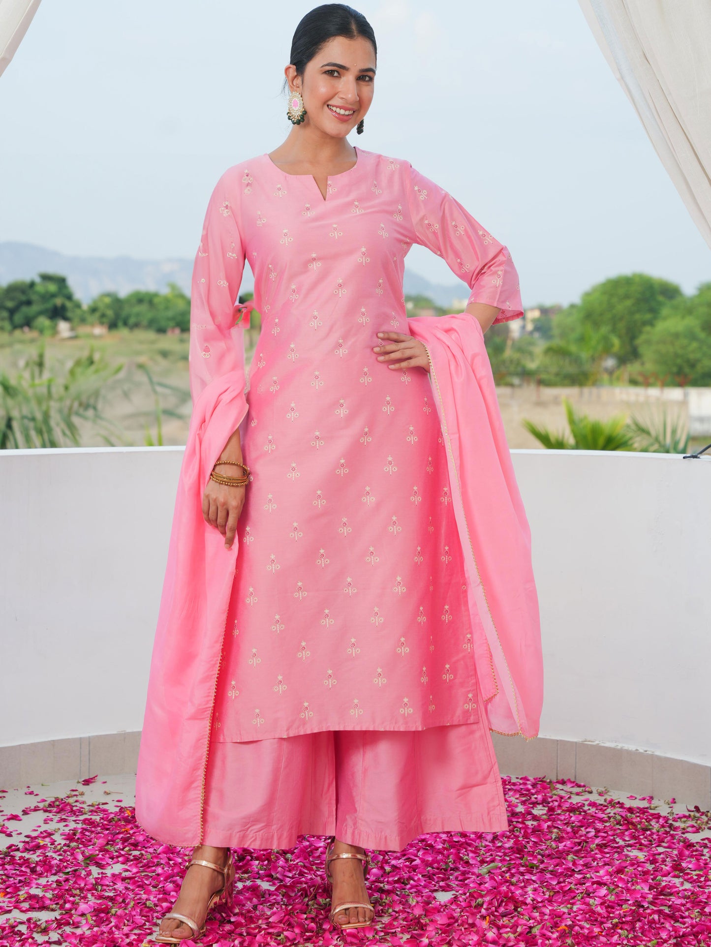 Chanderi Gold foil Straight Pink Kurta