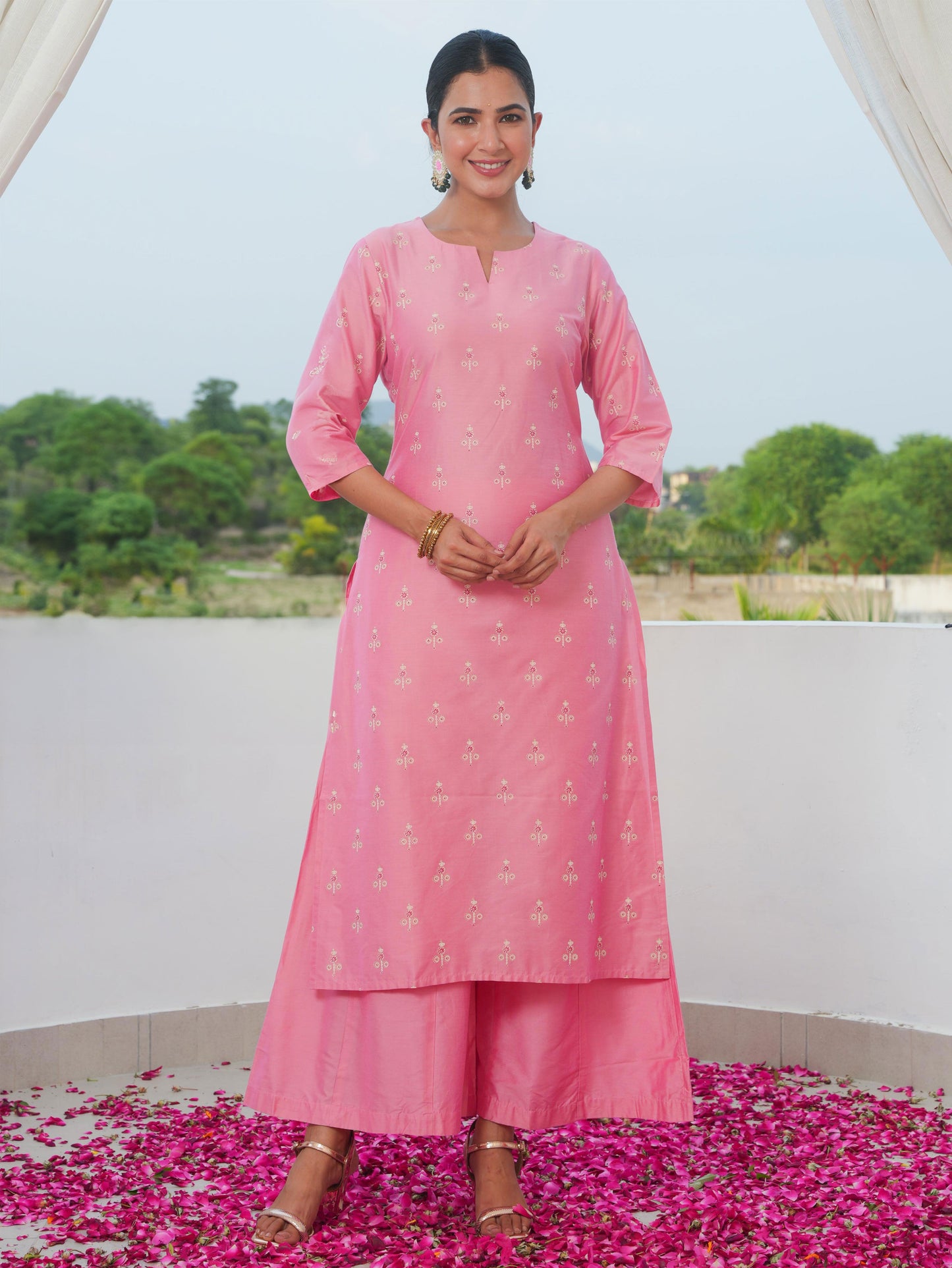 Self Design Chanderi Gold foil Straight Pink Kurta