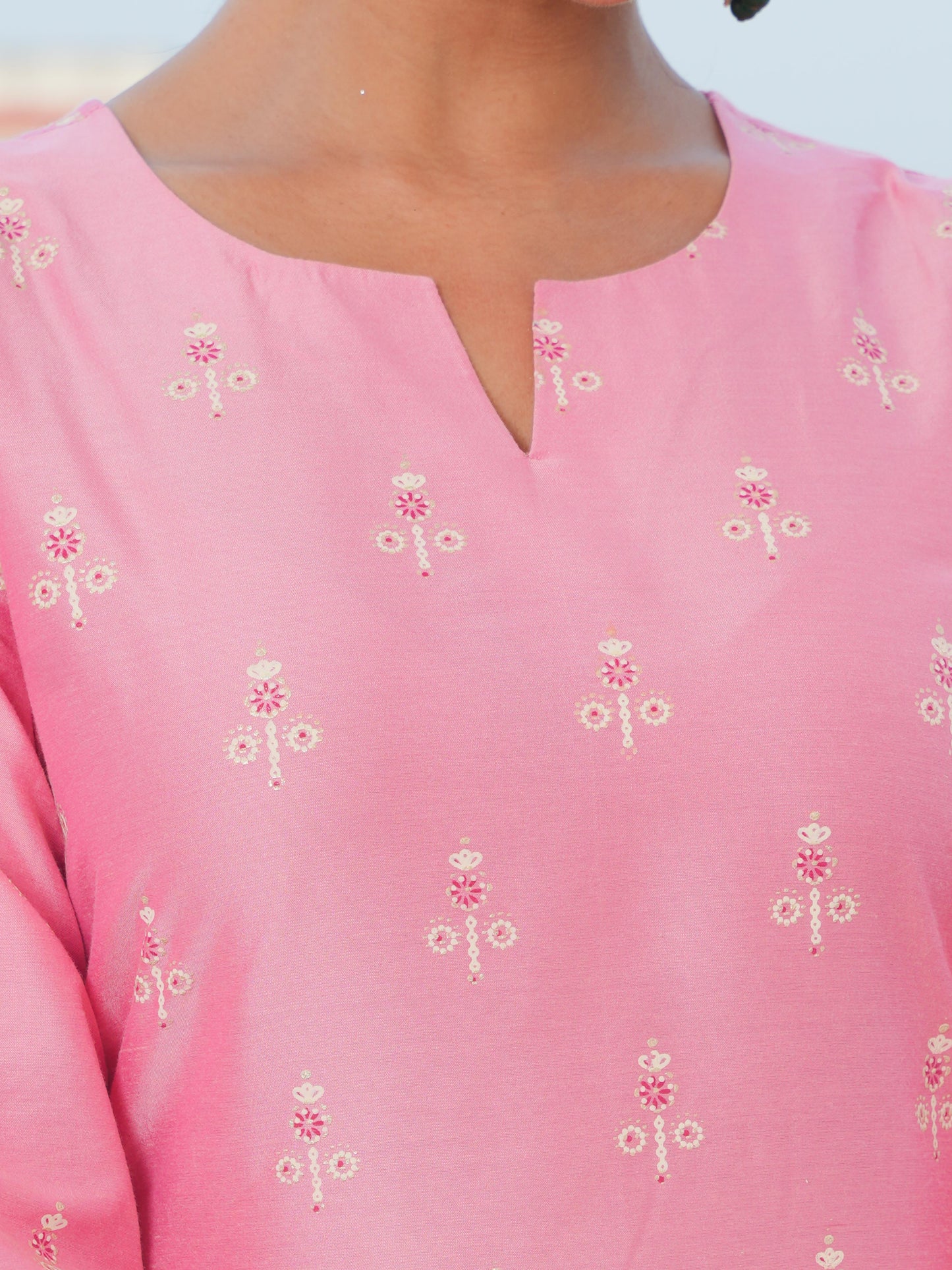Self Design Chanderi Gold foil Straight Pink Kurta