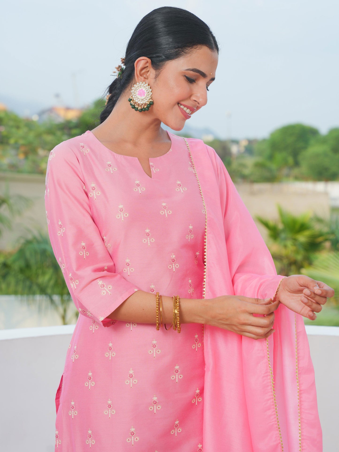 Self Design Chanderi Gold foil Straight Pink Kurta