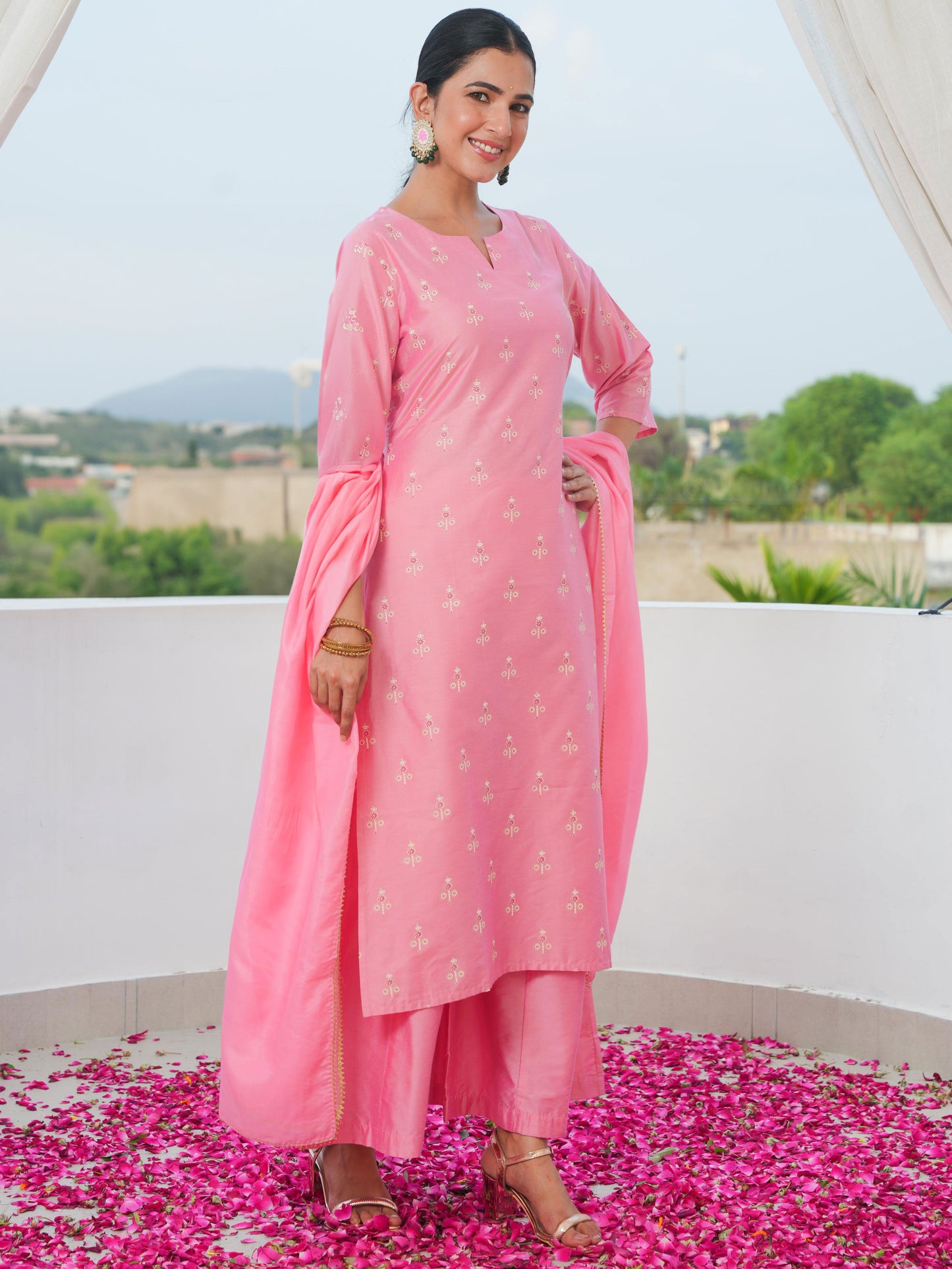 Self Design Chanderi Gold foil Straight Pink Kurta