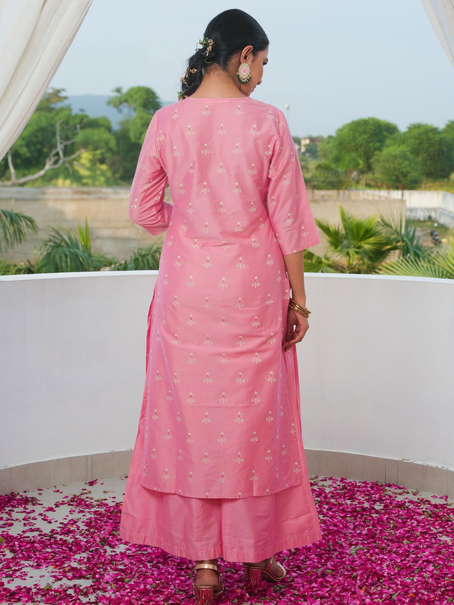Chanderi Gold foil Straight Pink Kurta