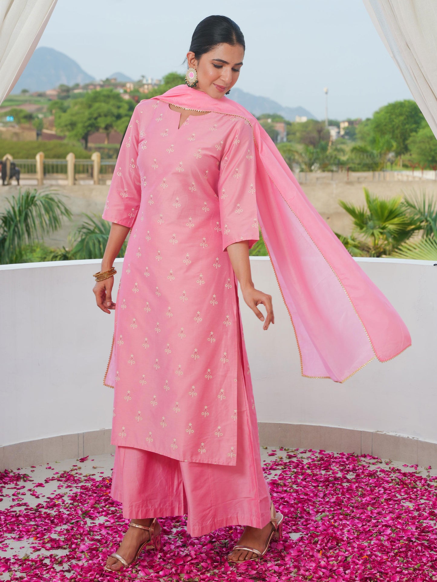 Self Design Chanderi Gold foil Straight Pink Kurta