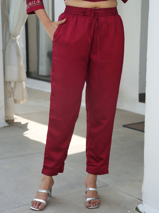 Blended Silk Solid Maroon Trousers