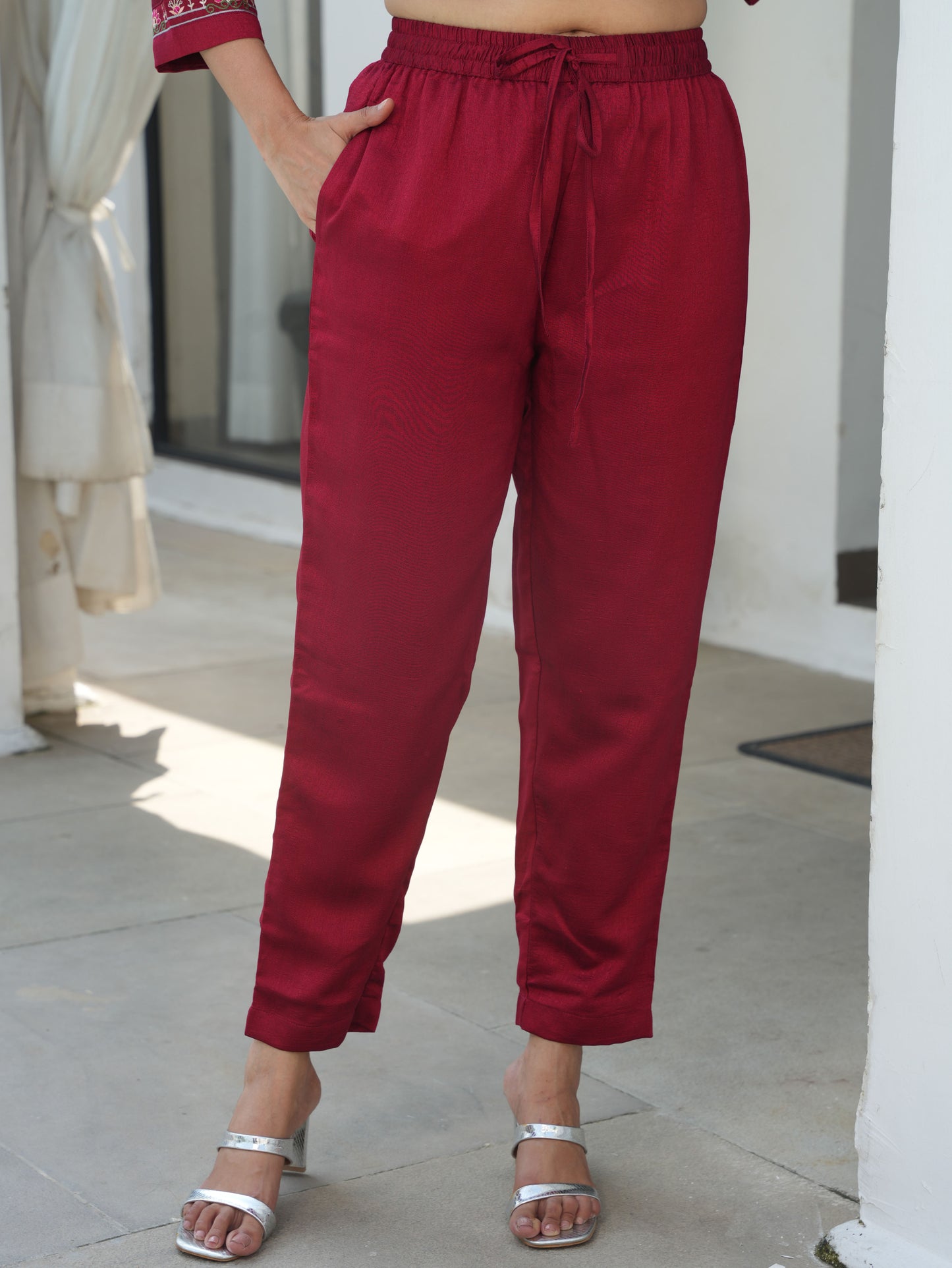 Blended Silk Solid Maroon Trousers