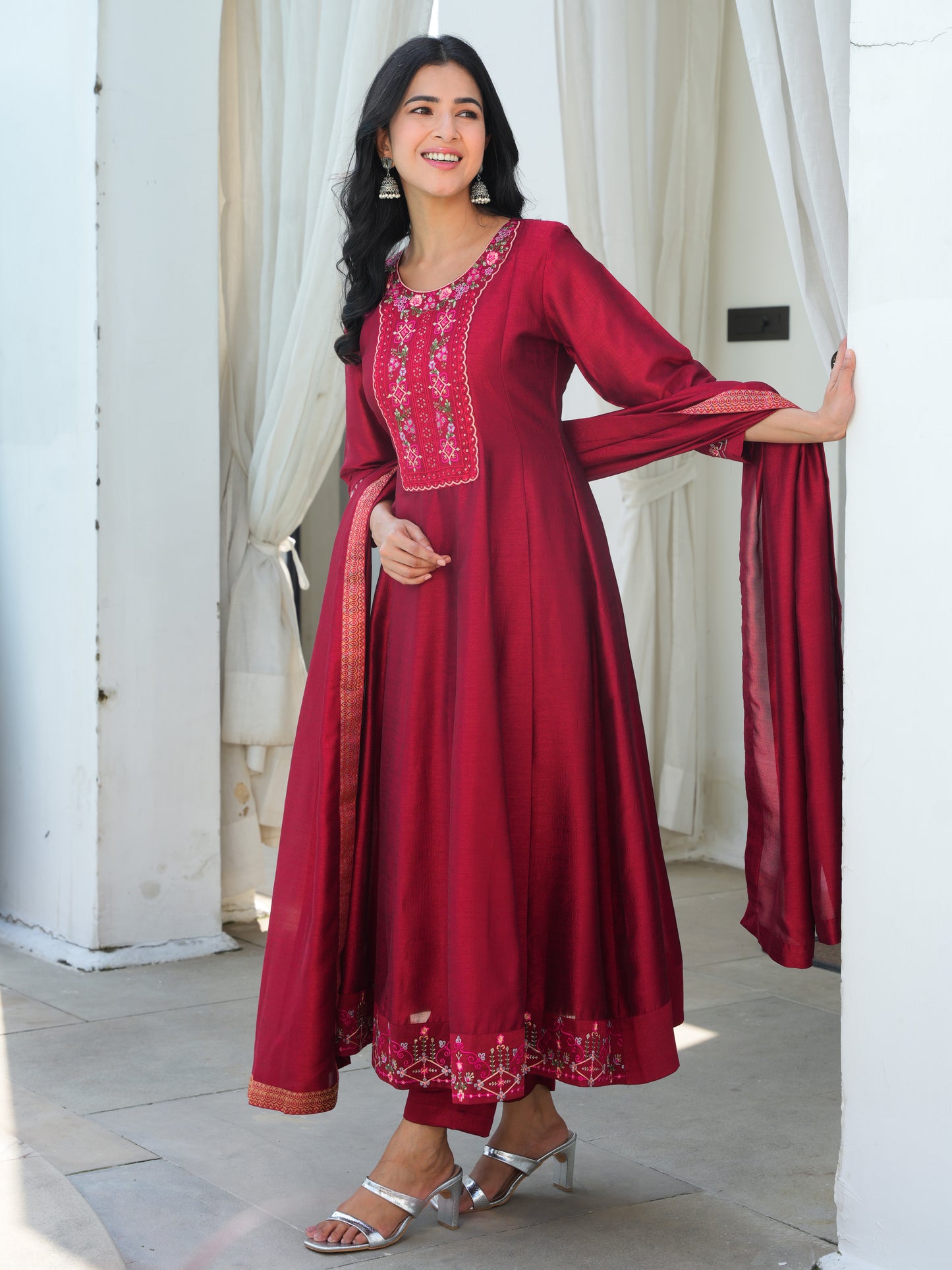 Embroidered Blended Silk Maroon Anarkali Kurta