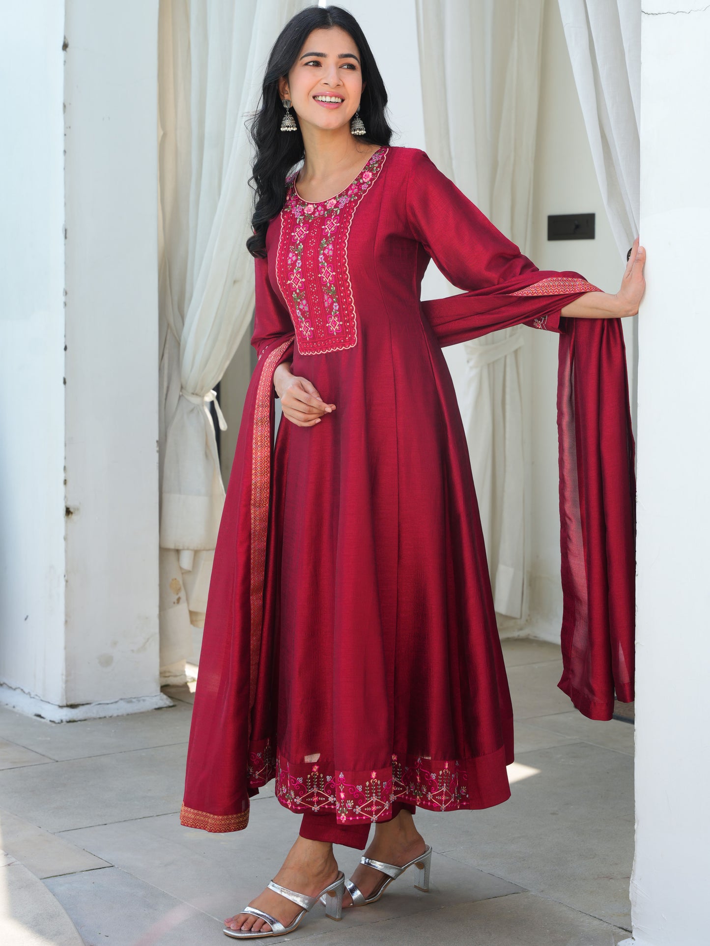 Embroidered Blended Silk Maroon Anarkali Kurta