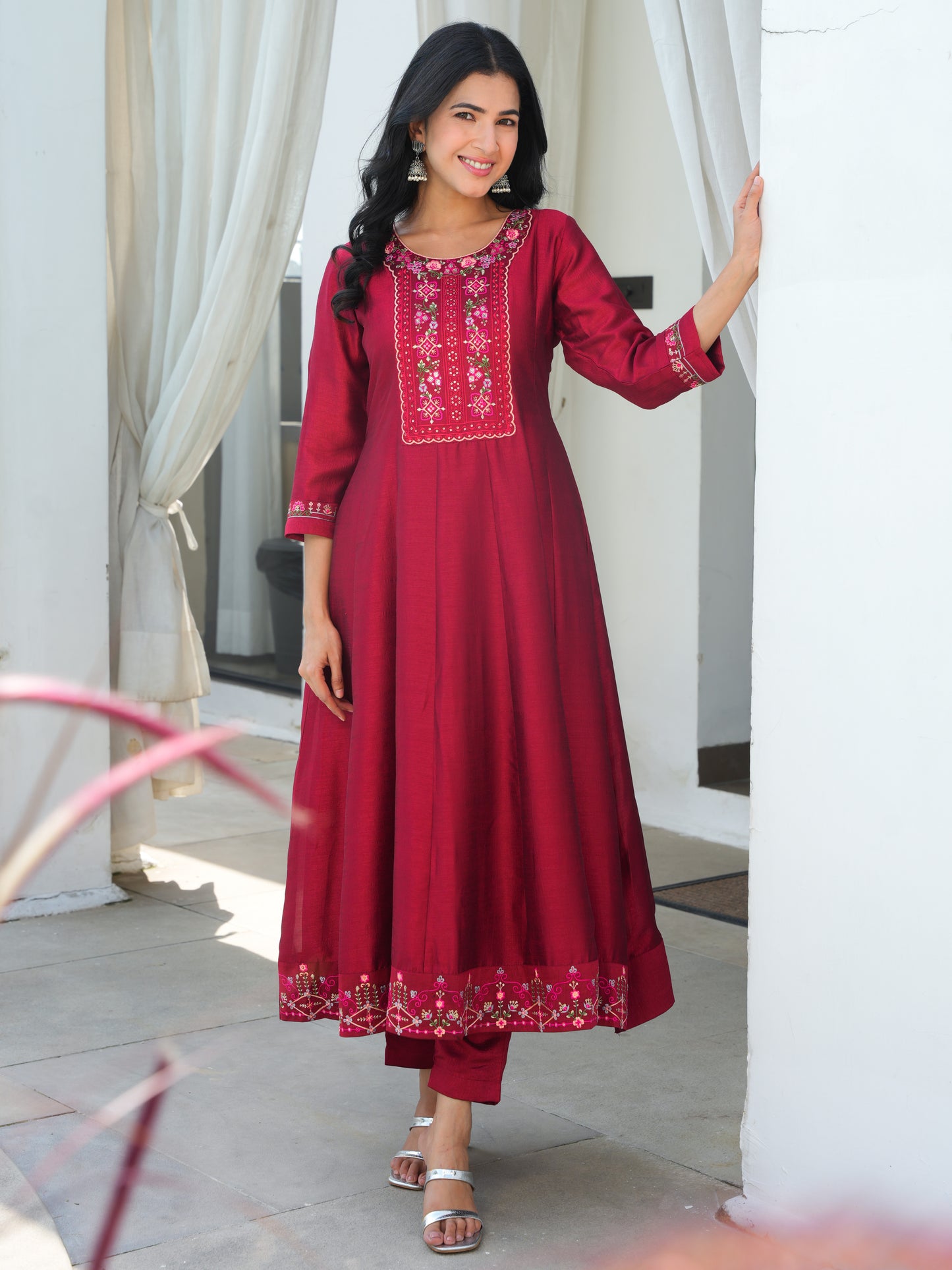 Embroidered Blended Silk Maroon Anarkali Kurta