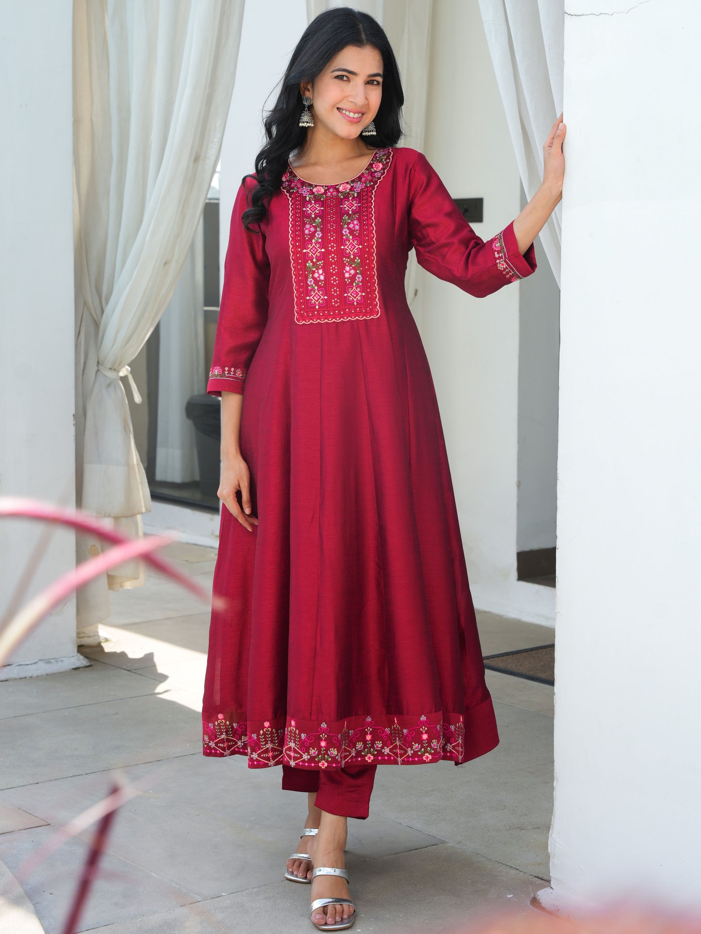 Embroidered Blended Silk Maroon Anarkali Kurta